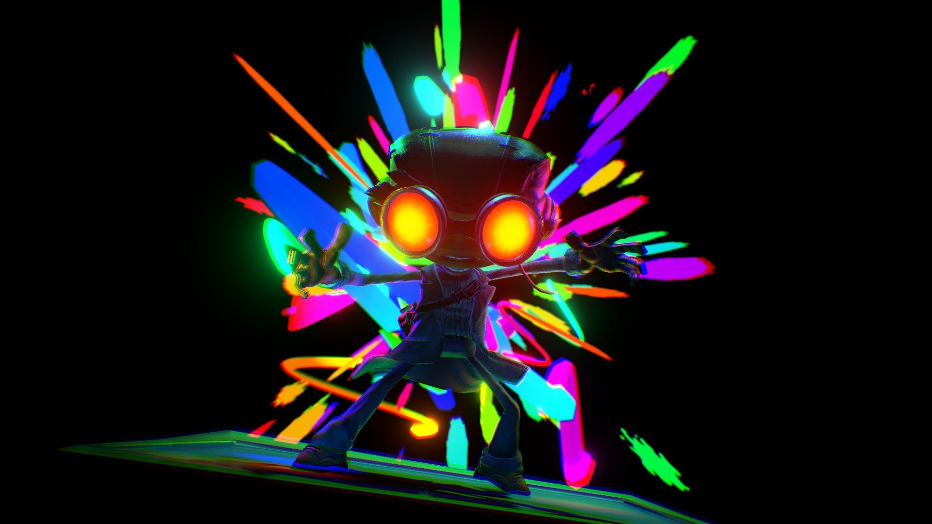A bright multicolored enemy faces Raz in a mental world.
