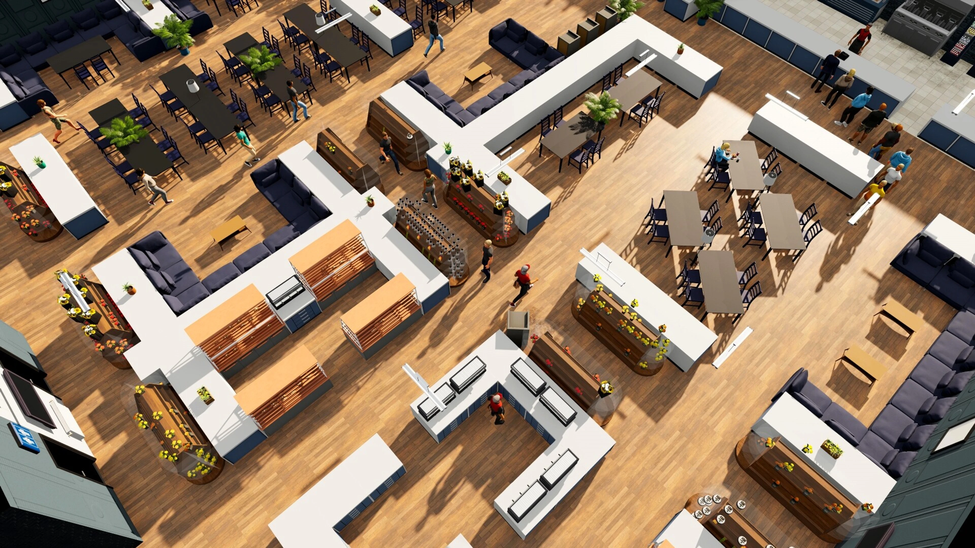 Shop interiors and customers in Big Ambitions.