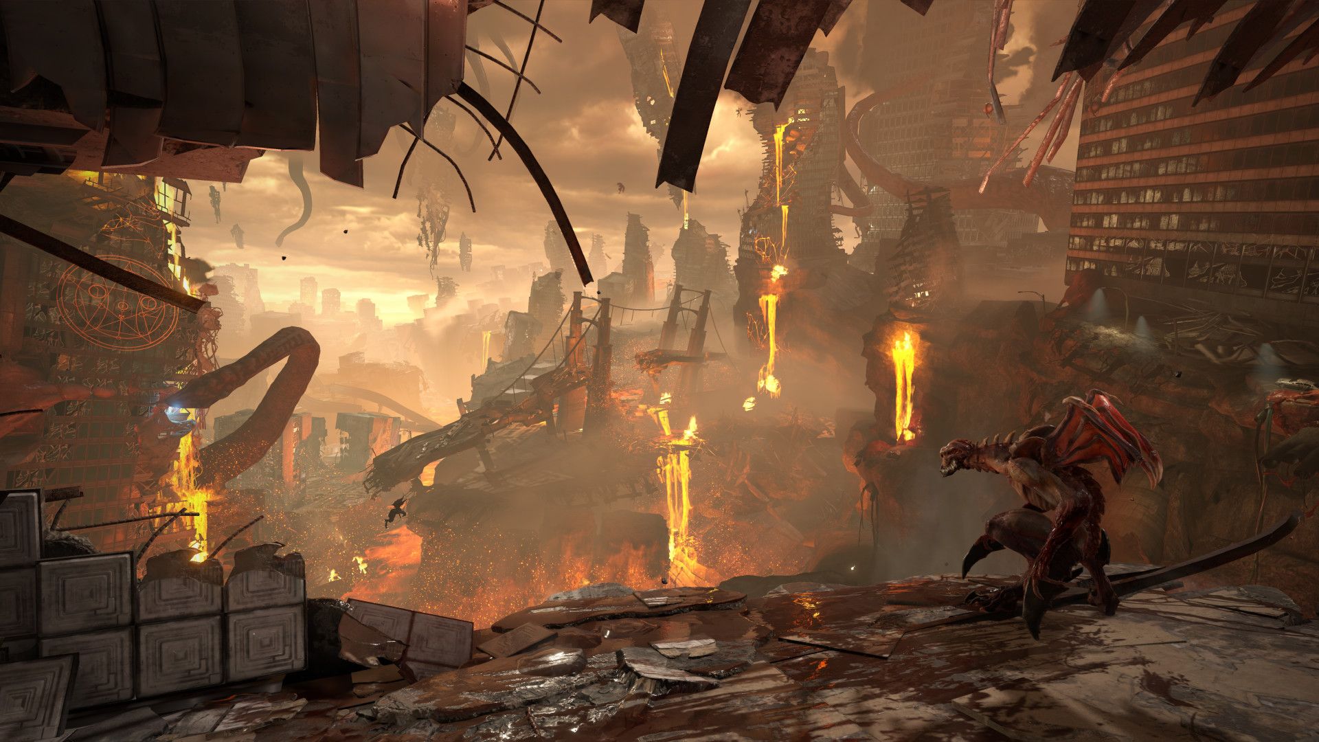 Ruined city in DOOM Eternal with a winged demon on a ledge; no overlaid title or logo.