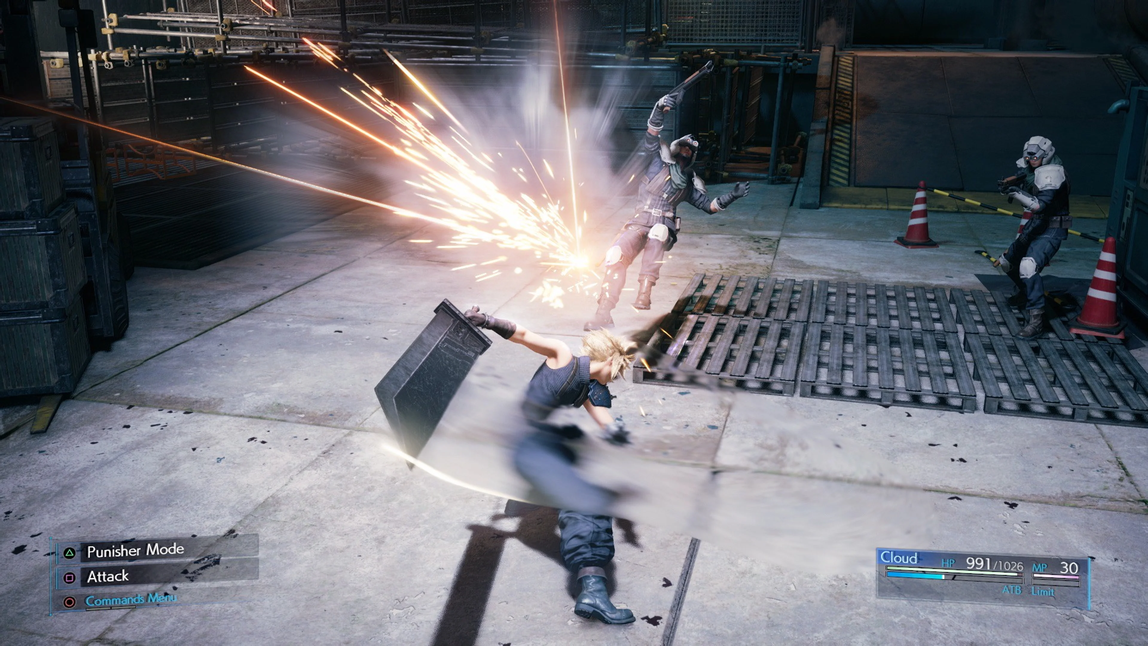 Cloud attacks a Shinra soldier; the lower-left HUD says Triangle: Punisher Mode and Square: Attack, with HP and ATB visible at lower right.