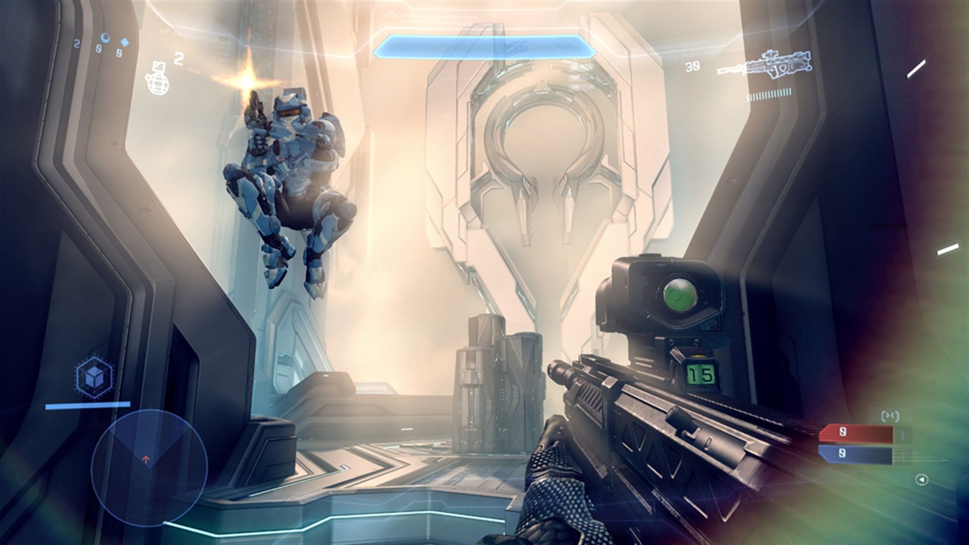 First-person Halo 4 multiplayer scene with an opponent jumping under a shield and weapon HUD.