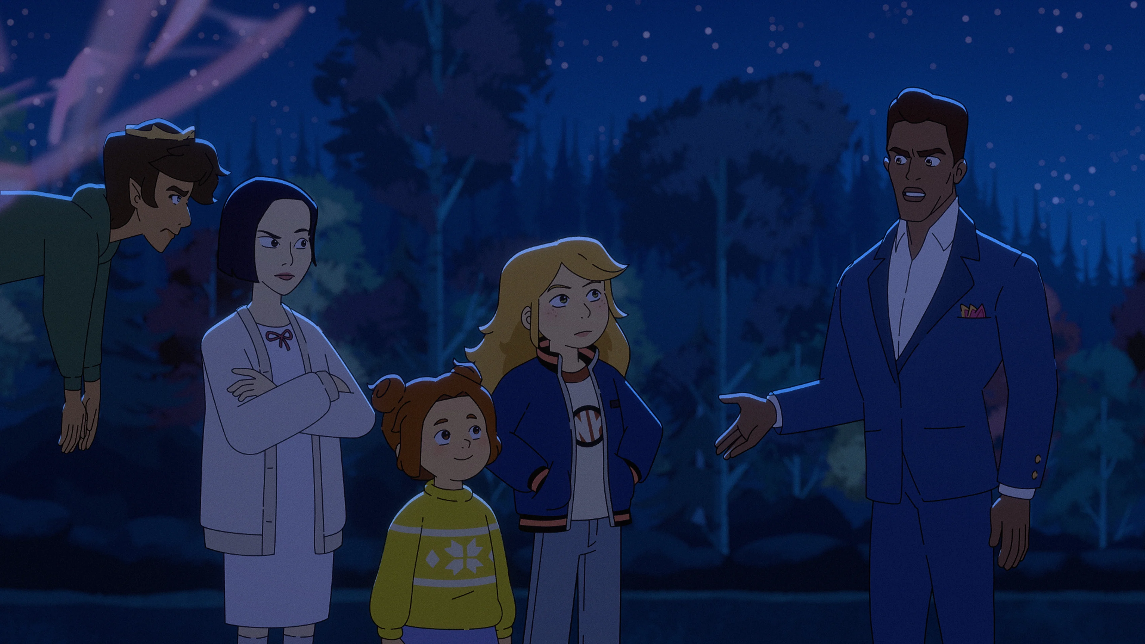 Sabrina and Daphne stand with Puck, Snow White and Charming in a scene from The Sisters Grimm.