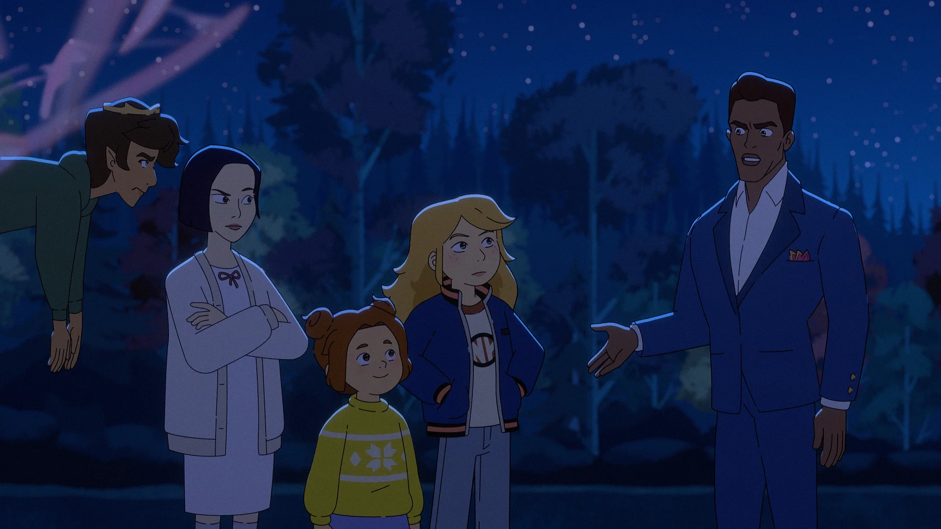 Sabrina and Daphne stand with Puck, Snow White and Charming in a scene from The Sisters Grimm.
