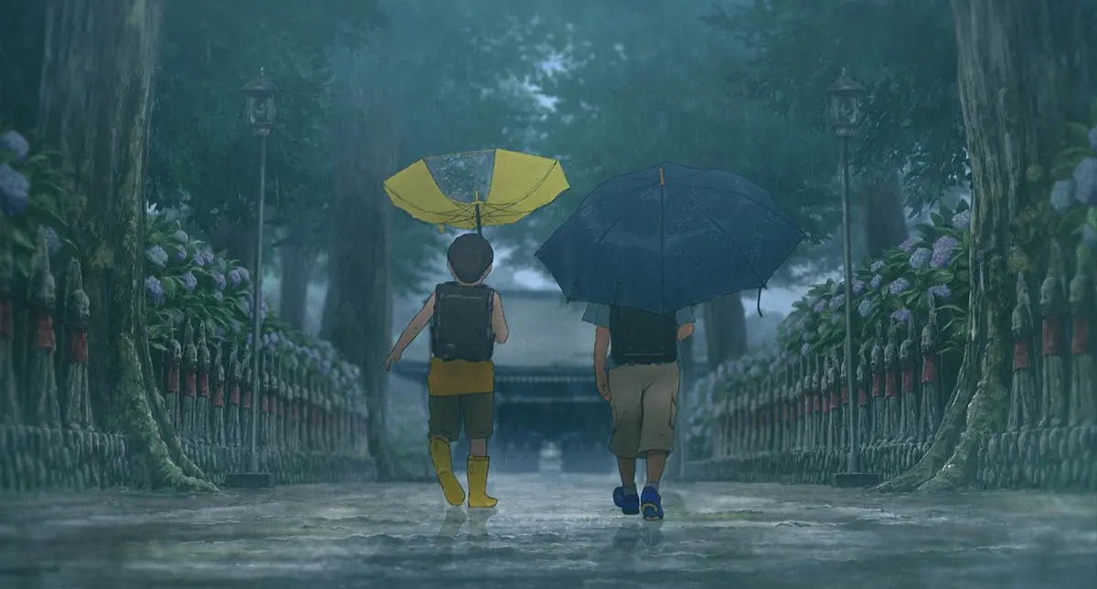 Two animated children stand together under a yellow umbrella in the rain.