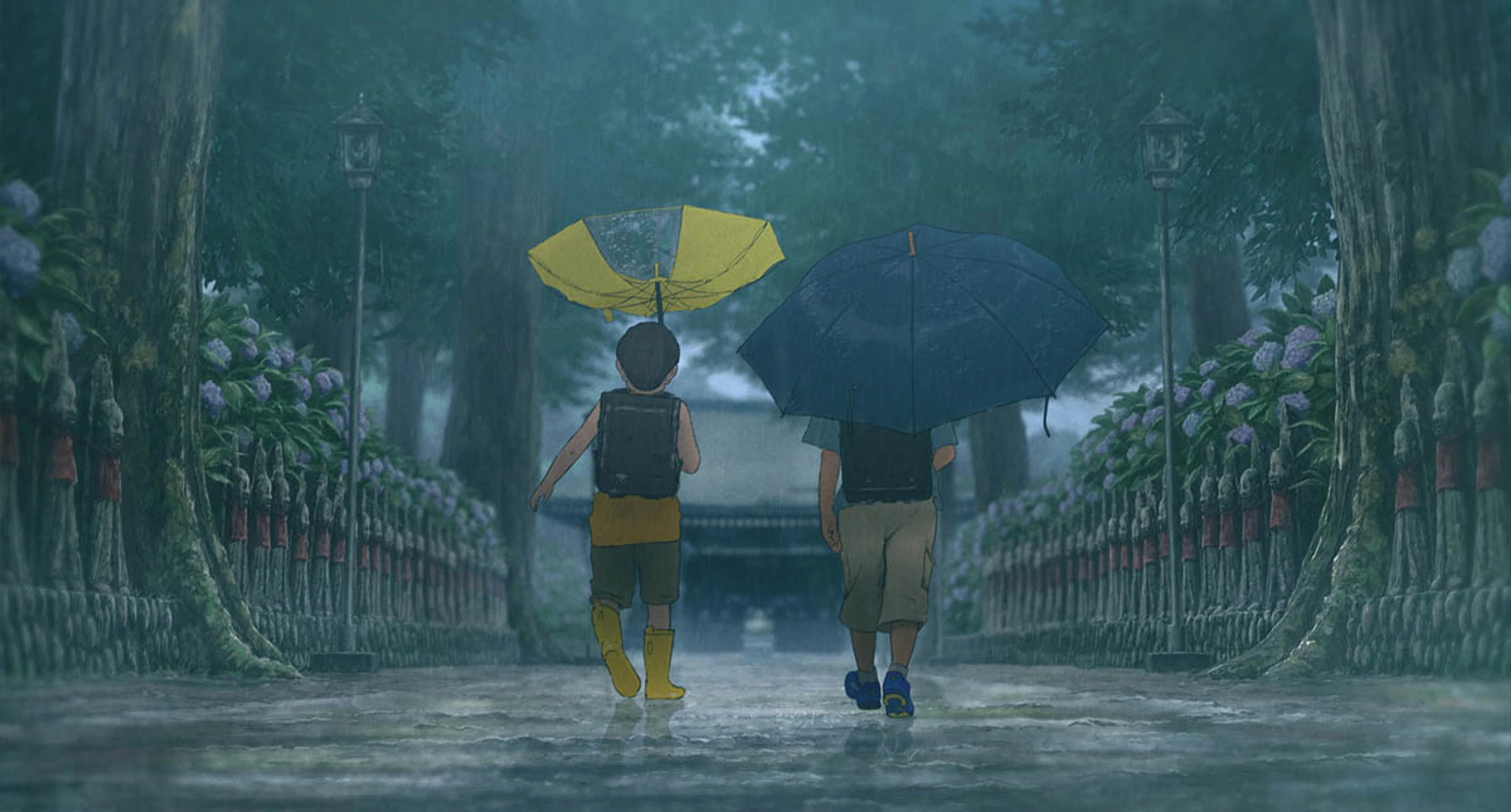 Two animated children stand together under a yellow umbrella in the rain.