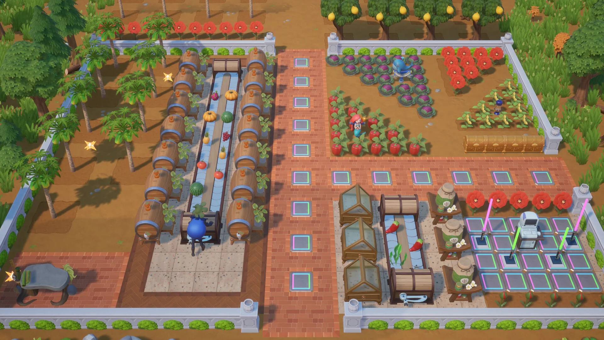 Rows of crops, fruit trees, and paths fill a Coral Island farm.