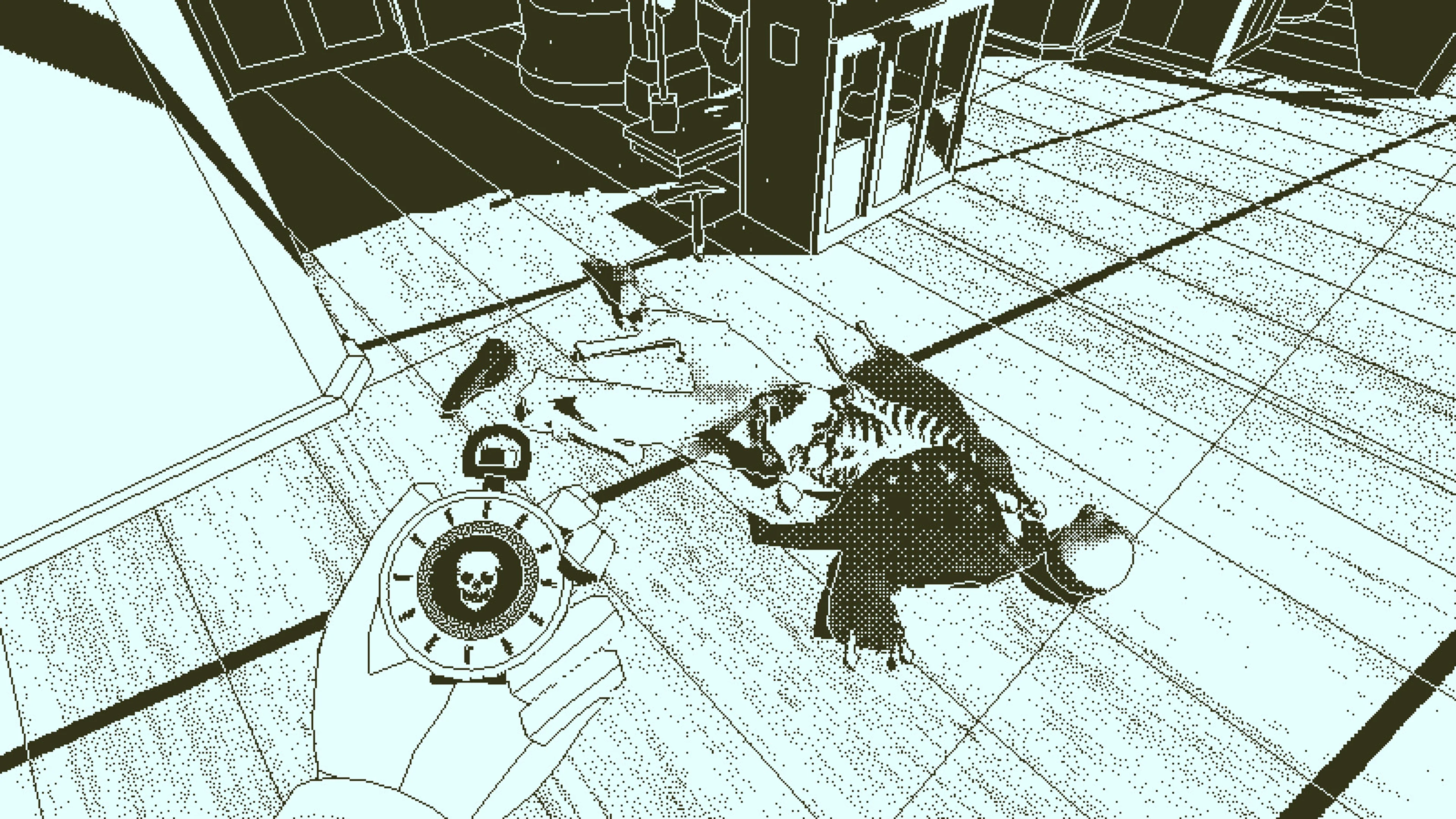 The investigator holds a circular pocket watch above a body on the wooden ship deck.