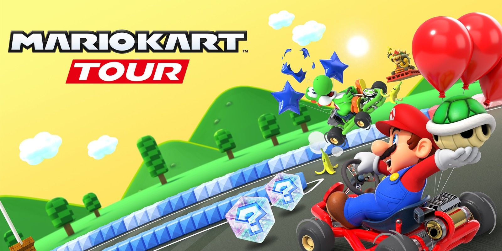 Mario, Bowser, Luigi, and other racers drive through a city in Mario Kart Tour promotional art.