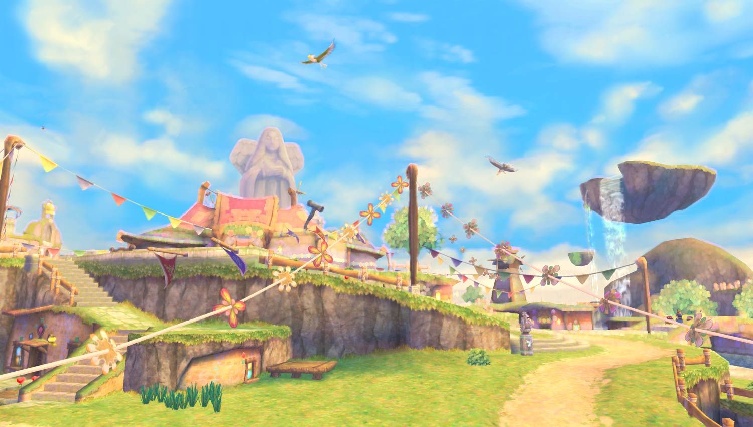 Skyloft buildings and grassy paths sit on floating land beneath a bright sky.