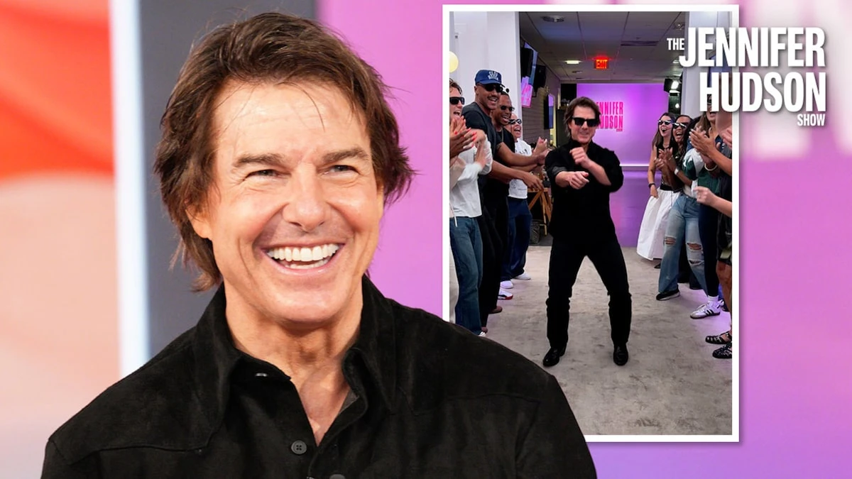 Tom Cruise smiles beside a photograph of his Jennifer Hudson Show backstage welcome.