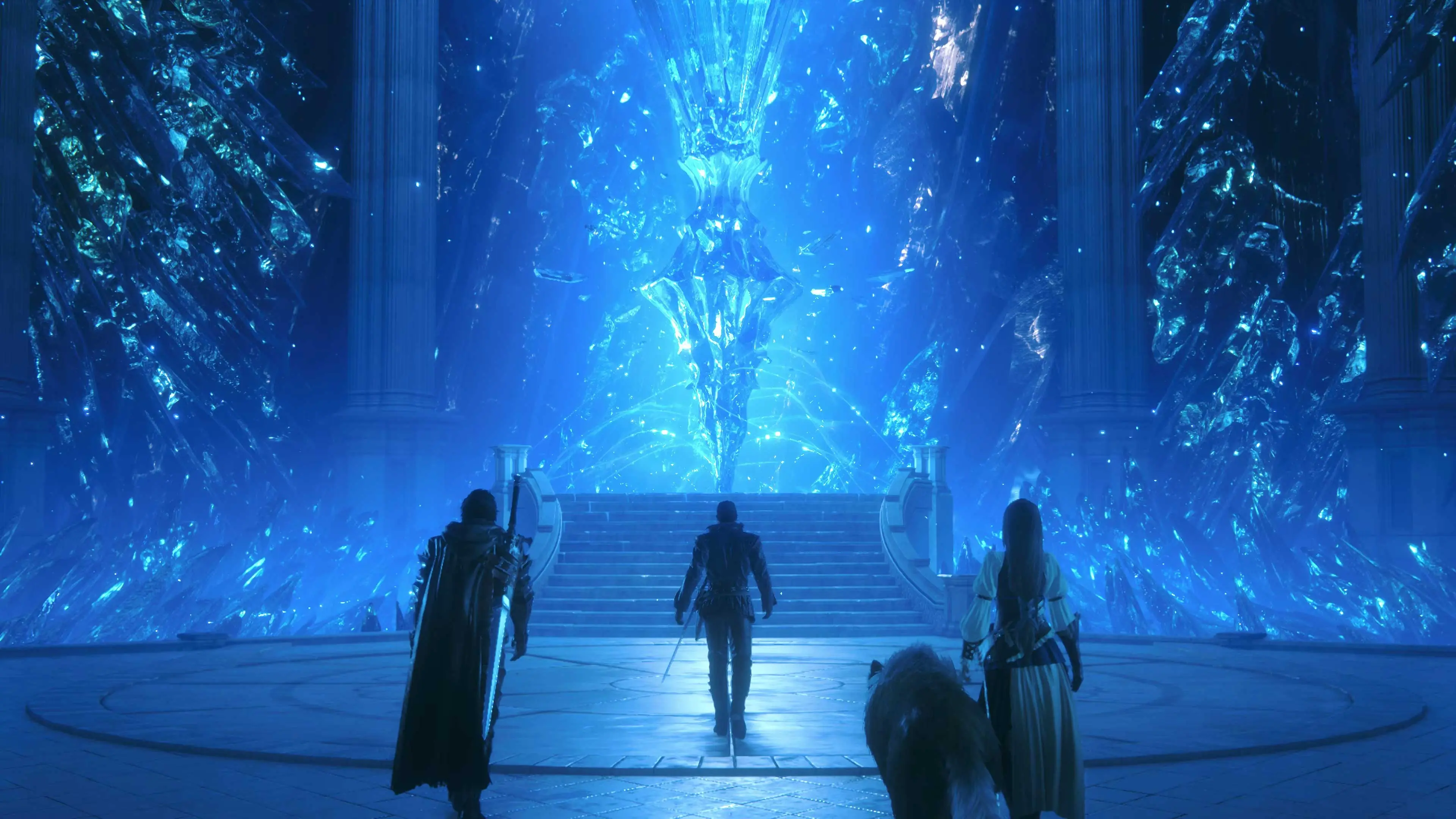 Clive and his companions approach a glowing blue Mothercrystal chamber.
