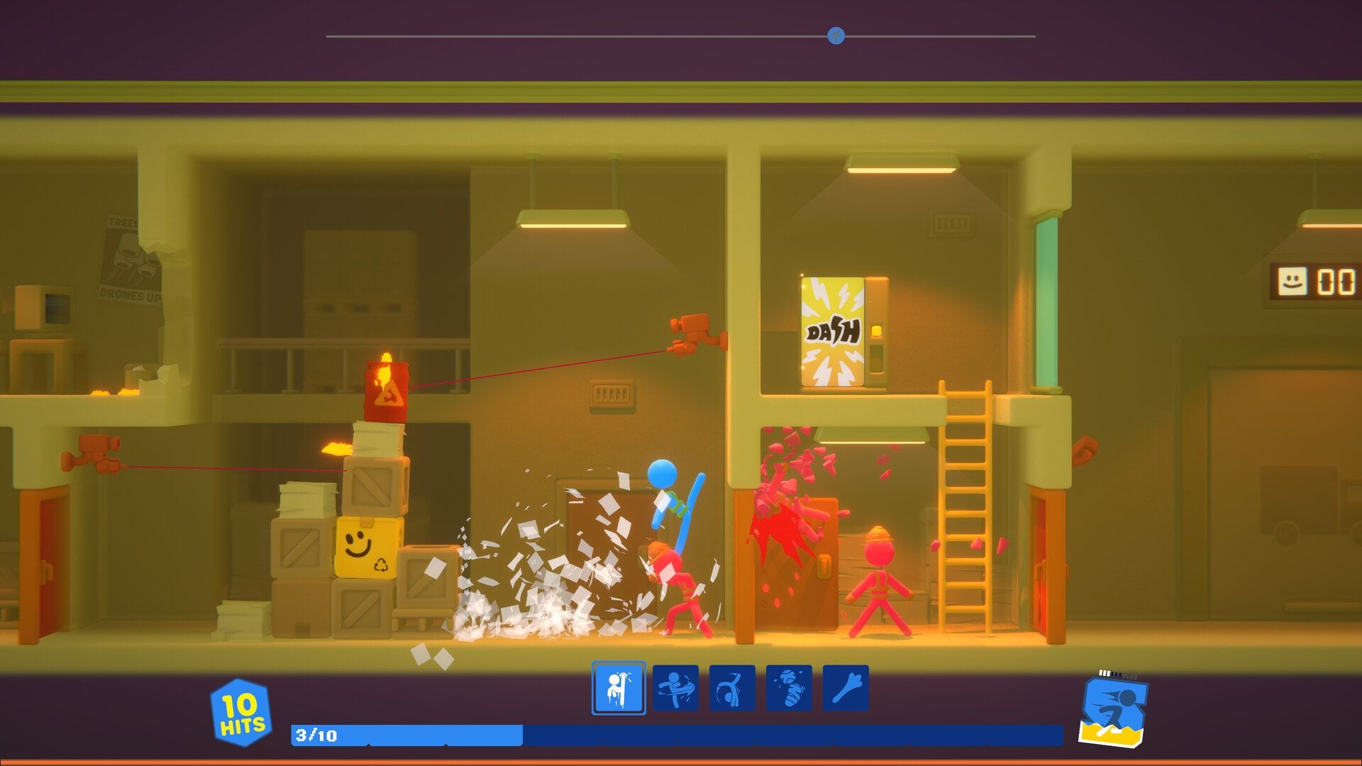 A stick figure fights workers inside a yellow office complex.