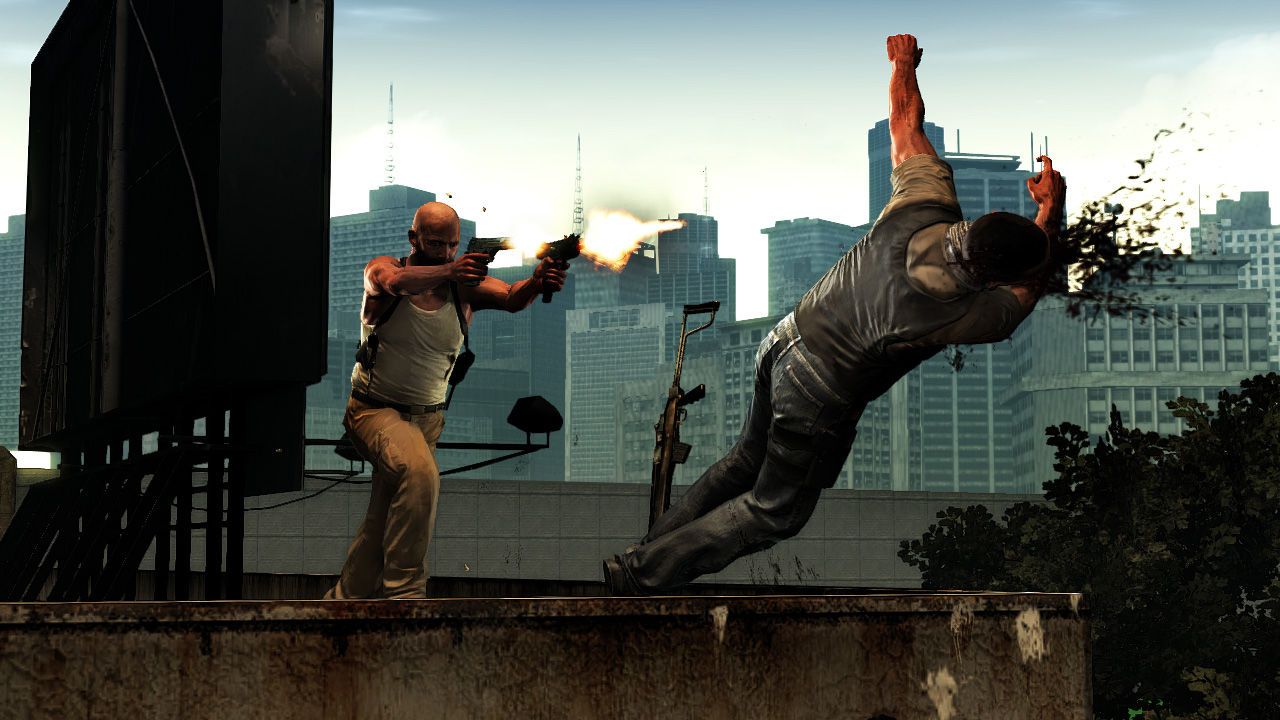 Max fires two pistols at an opponent on a rooftop above São Paulo.