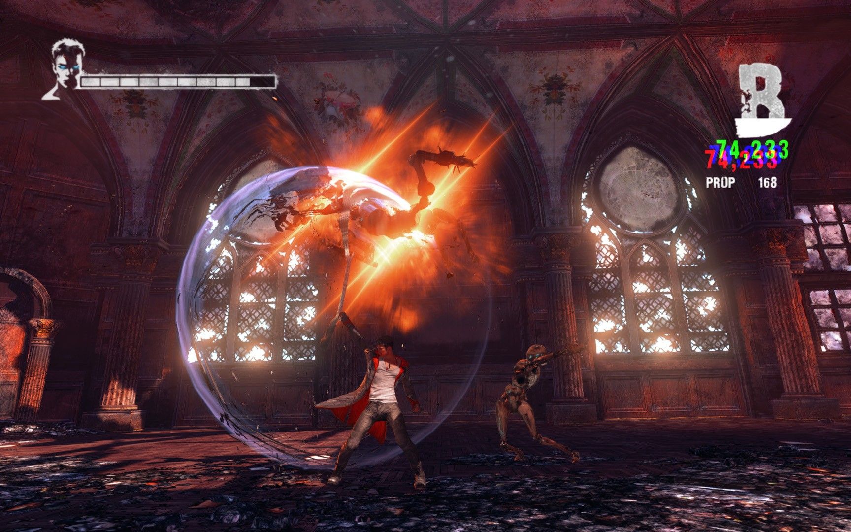 Dante attacks a demon inside an arched hall while a combat grade appears on screen.