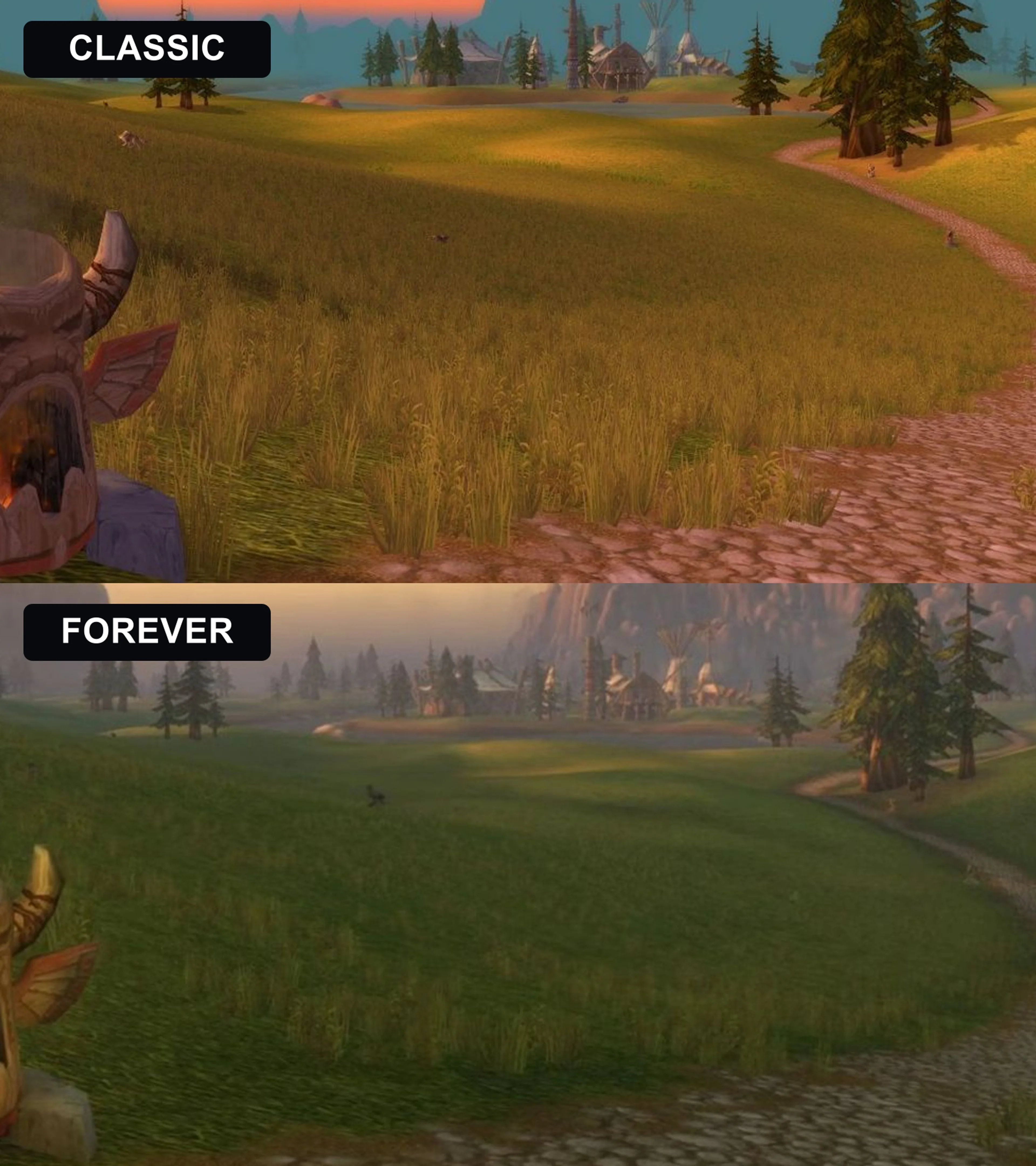 Close comparison of grass and a road in WoW Classic on top and WoW Forever below.