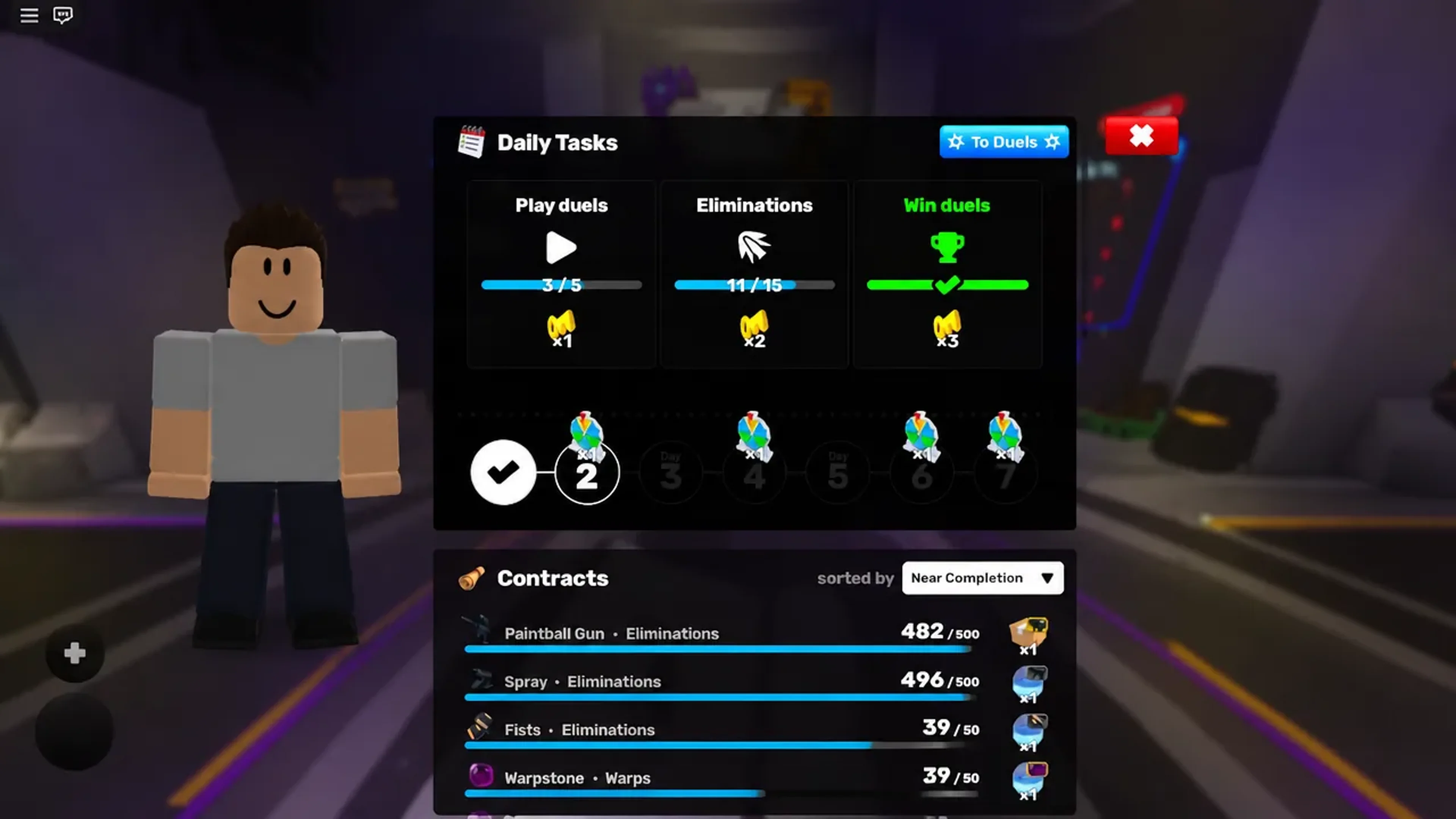 RIVALS Update 22 Daily Tasks panel showing rewards of one, two, and three Keys, with Contracts sorted by Near Completion.