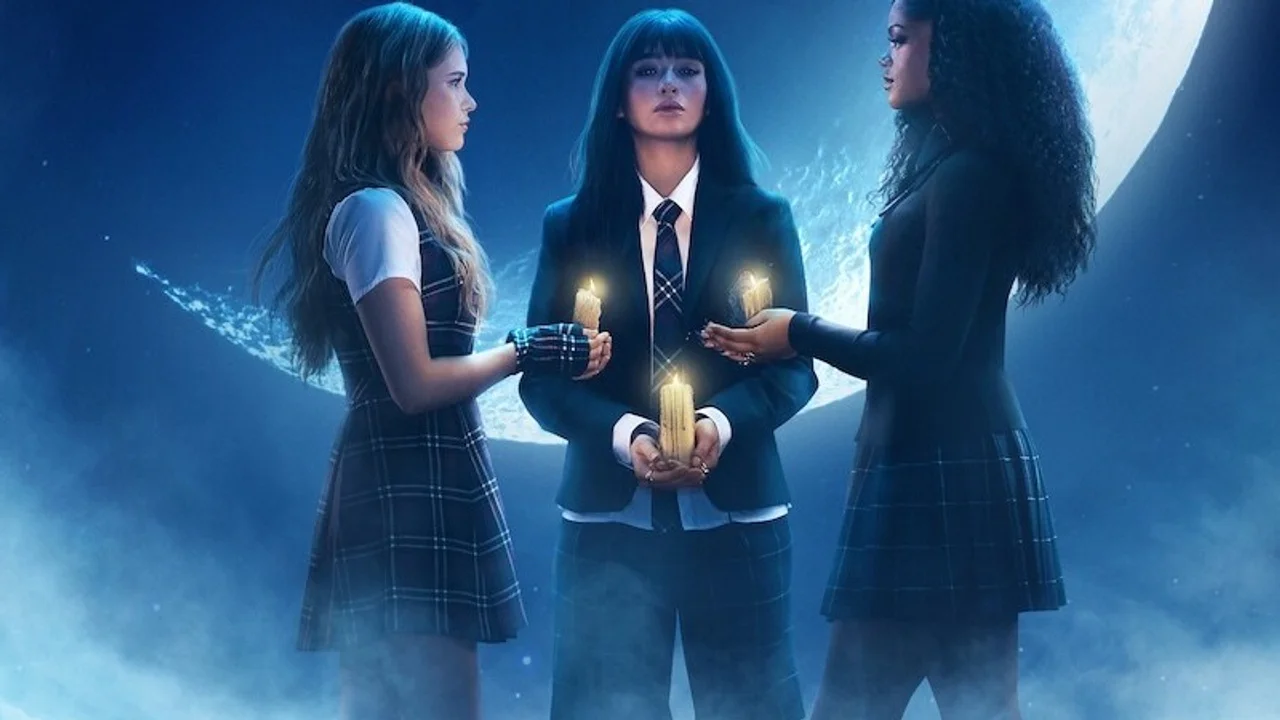 Three teenage witches hold candles beneath a large moon in clean Coven Academy artwork.