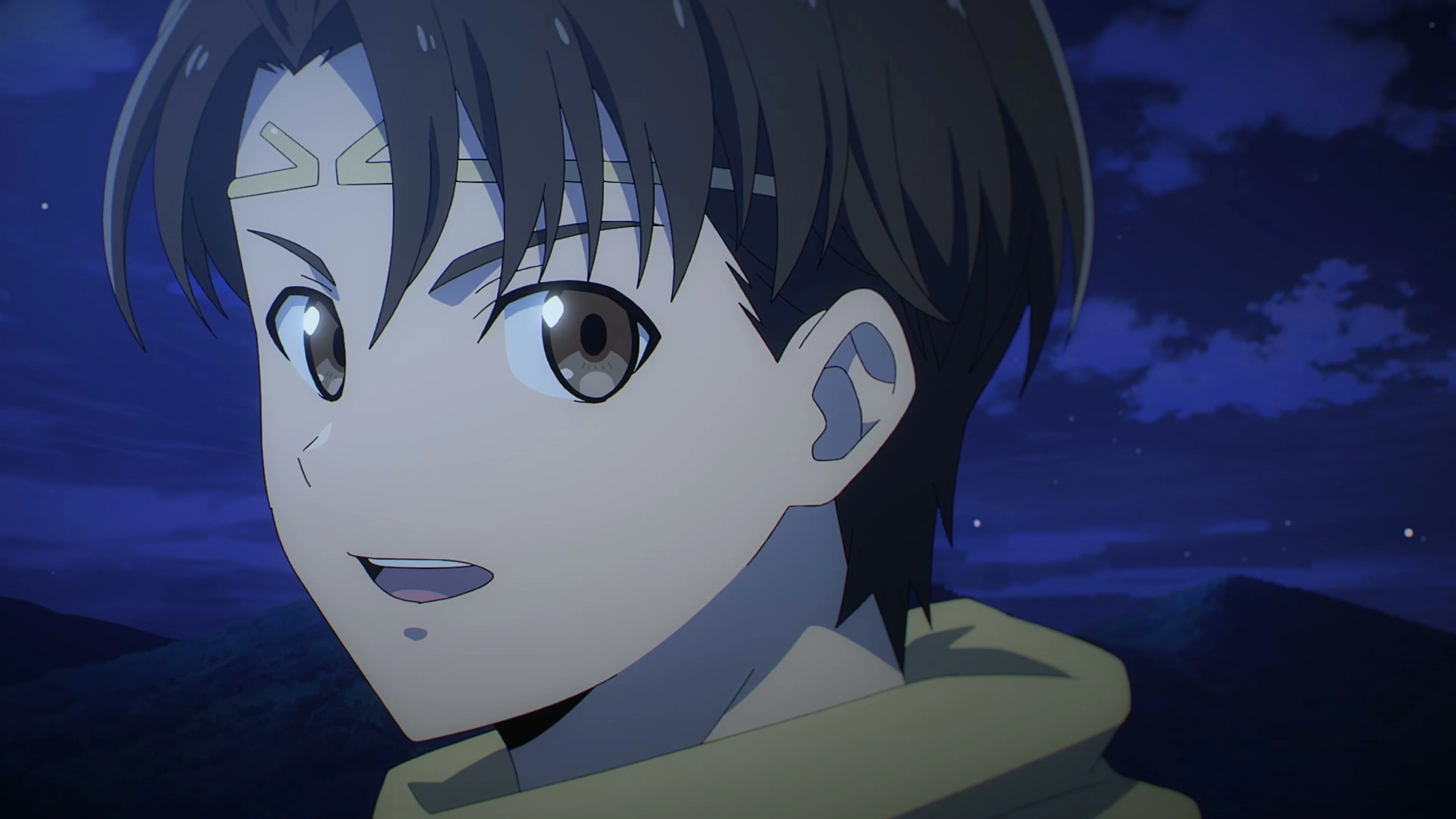 A young character smiles against a dusk sky in Suikoden: The Anime.