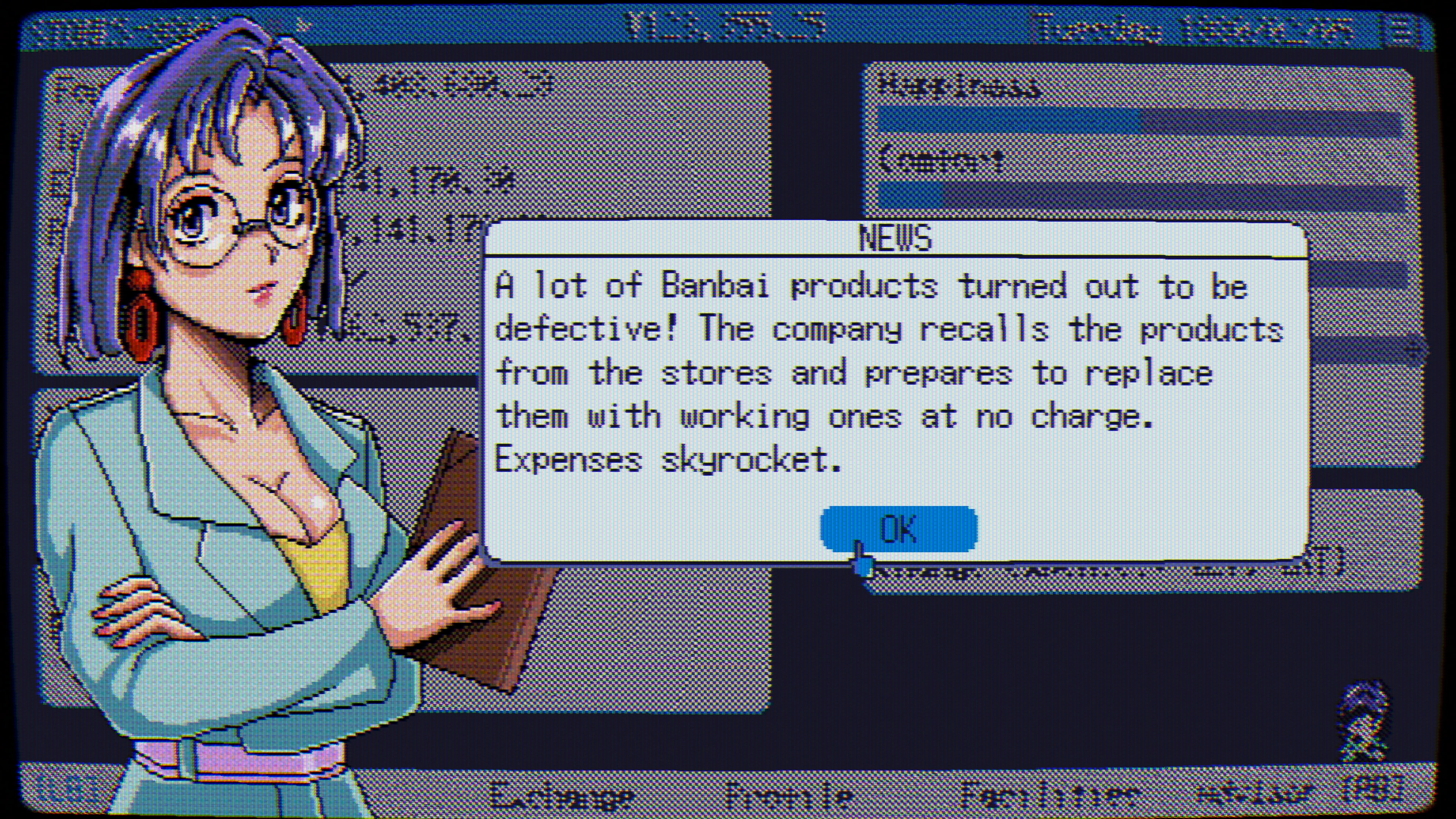STONKS-9800 screenshot showing an anime-style character and a stock-market news alert in the game’s retro interface.