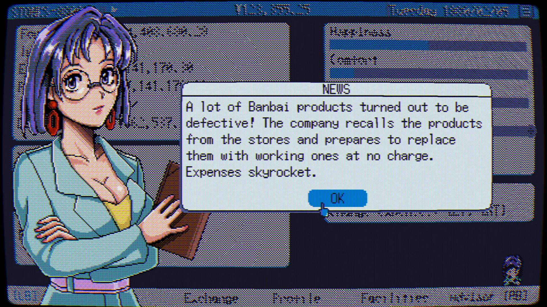 STONKS-9800 screenshot showing an anime-style character and a stock-market news alert in the game’s retro interface.