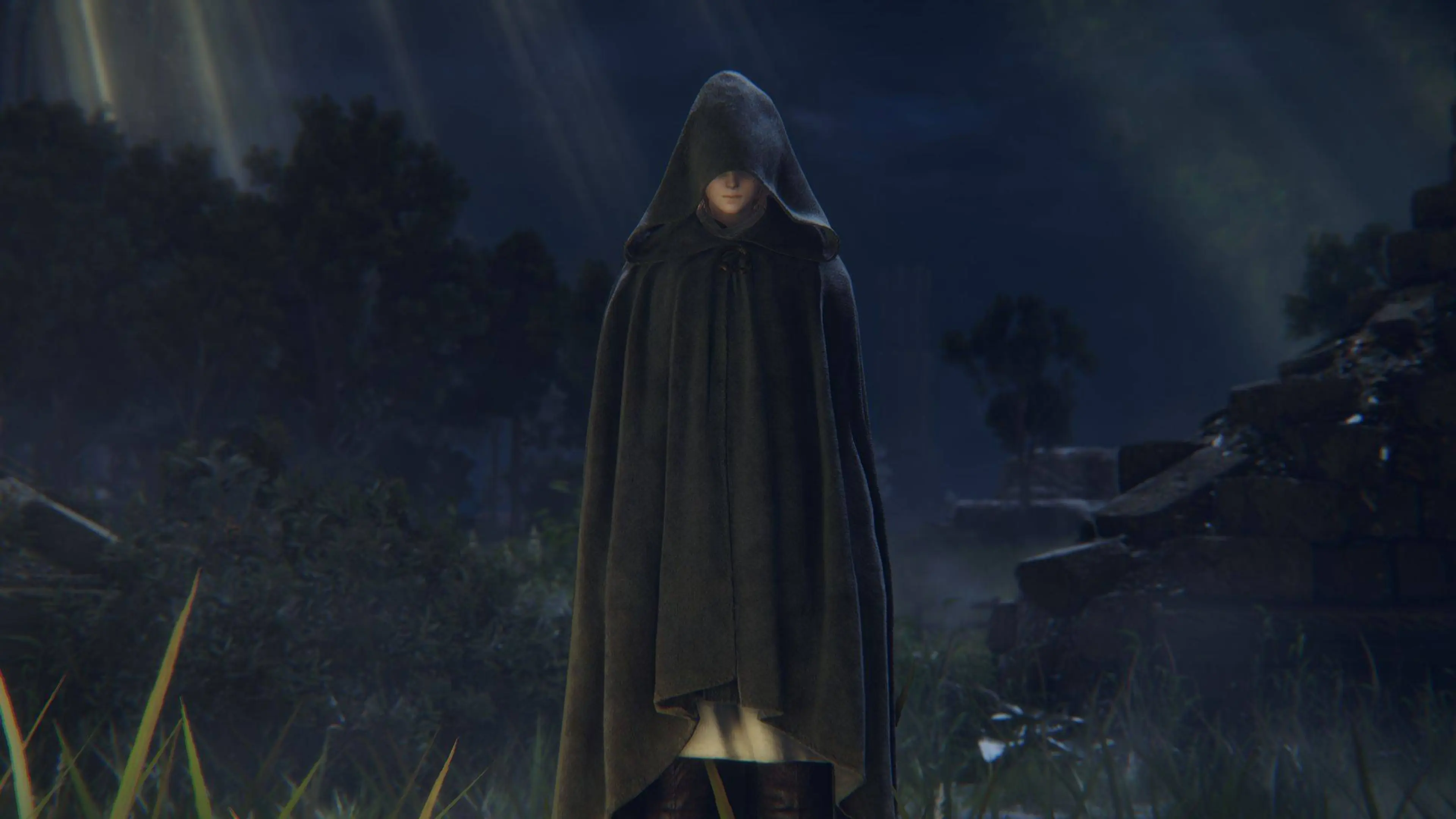 Melina stands in a dark cloak near a Site of Grace in Elden Ring.