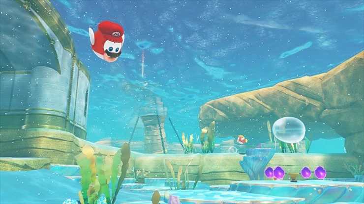 A red Cheep Cheep wearing Mario’s cap swims underwater in a clear blue area.