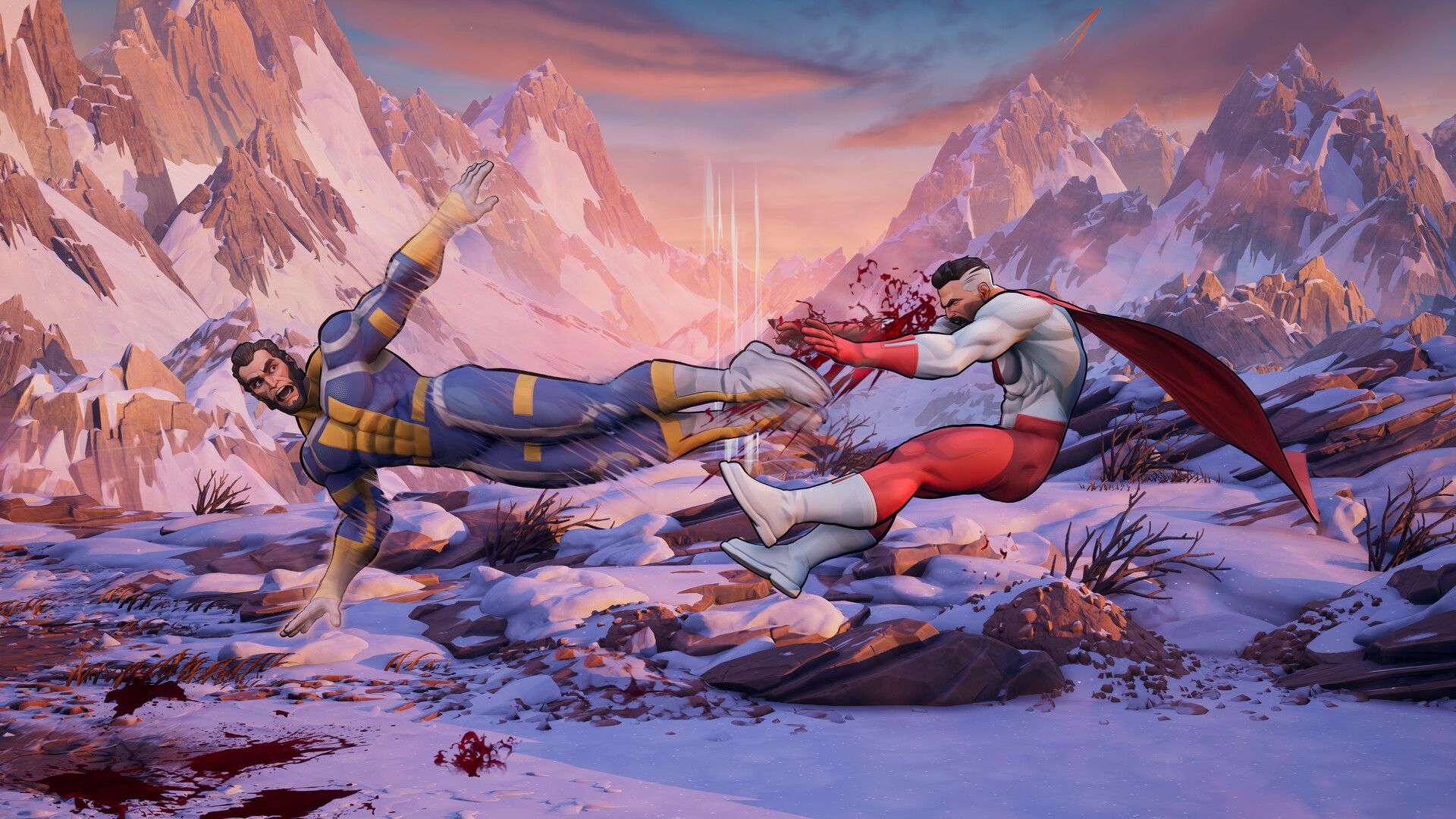 Omni-Man kicks Invincible in a snowy arena.
