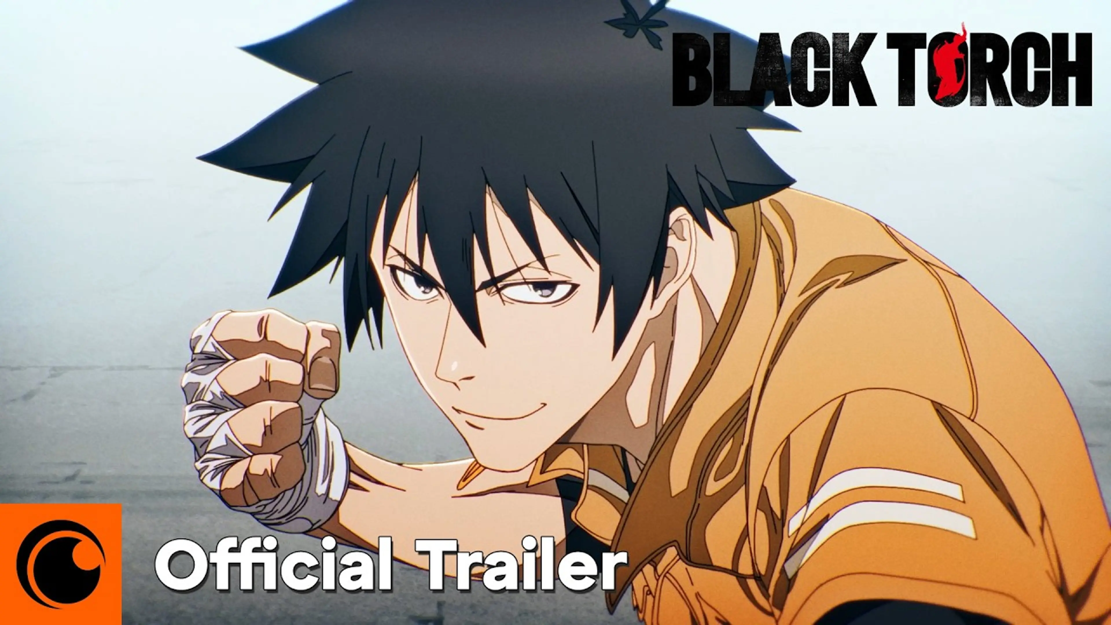 Official BLACK TORCH trailer thumbnail showing Jiro Azuma raising a bandaged fist beneath the series logo.