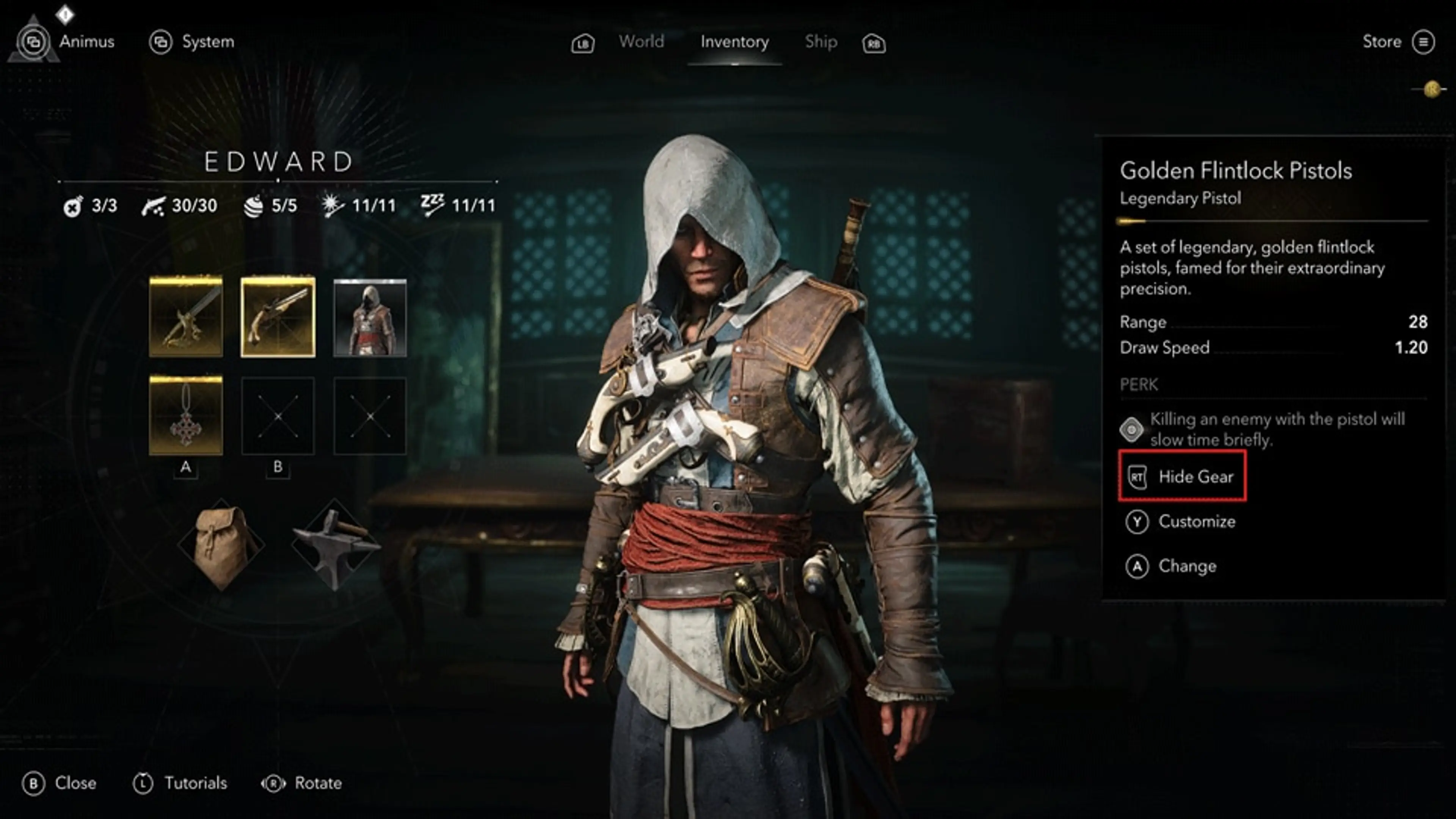 Edward Kenway’s pistol inventory highlights the Hide Gear control in Assassin’s Creed Black Flag Resynced.