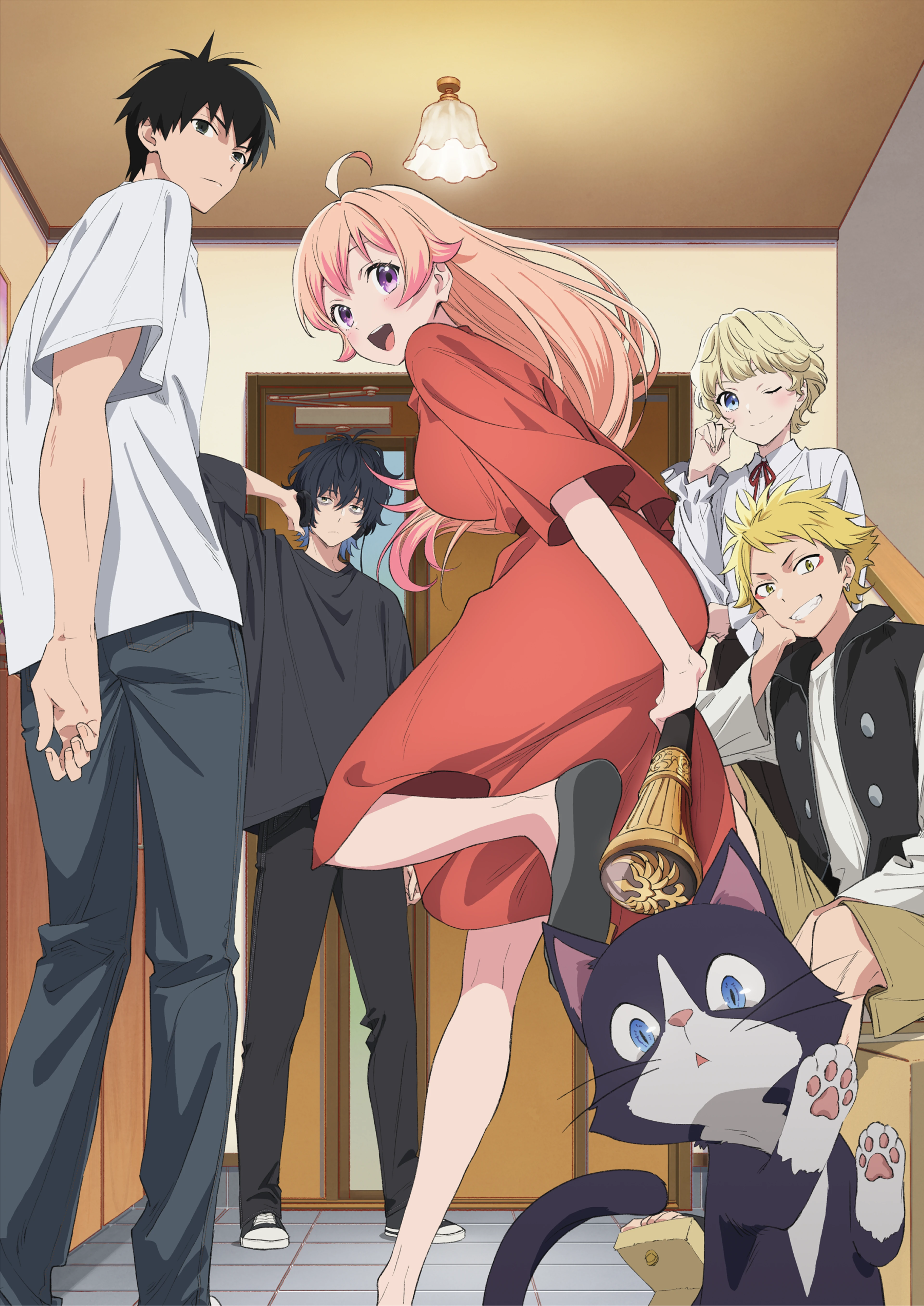 Official WITCH WATCH key visual showing Nico, Morihito, Kanshi, and supporting characters in a doorway.