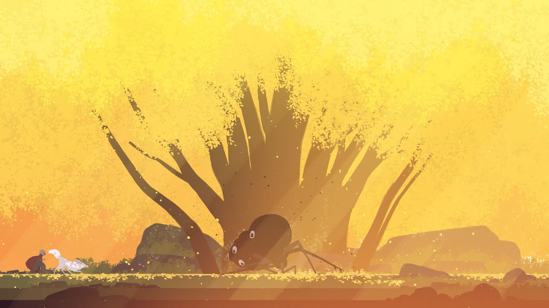 Alba faces a large dark creature beneath a bare tree in a golden forest in Neva.