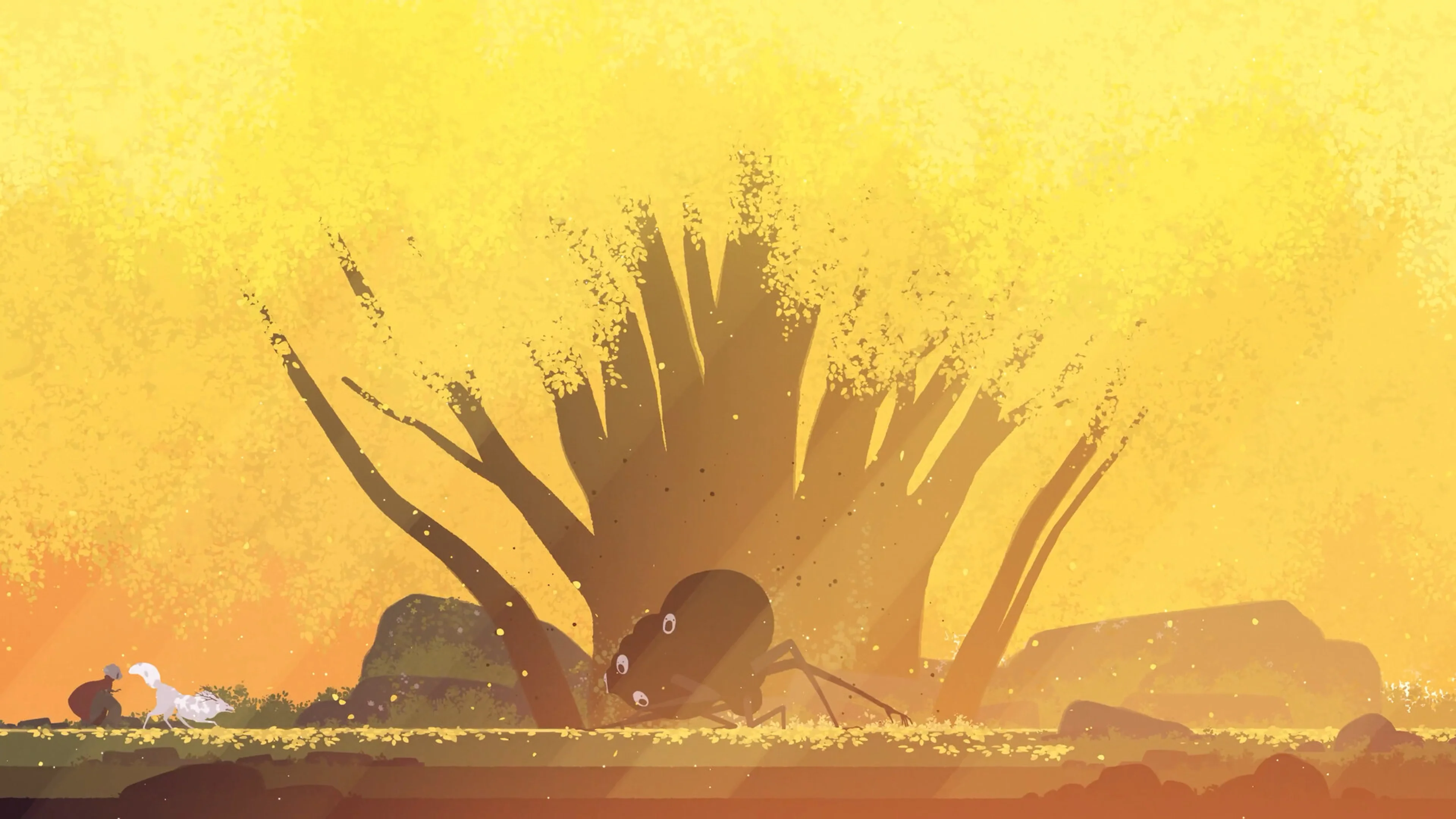 Alba faces a large dark creature beneath a bare tree in a golden forest in Neva.