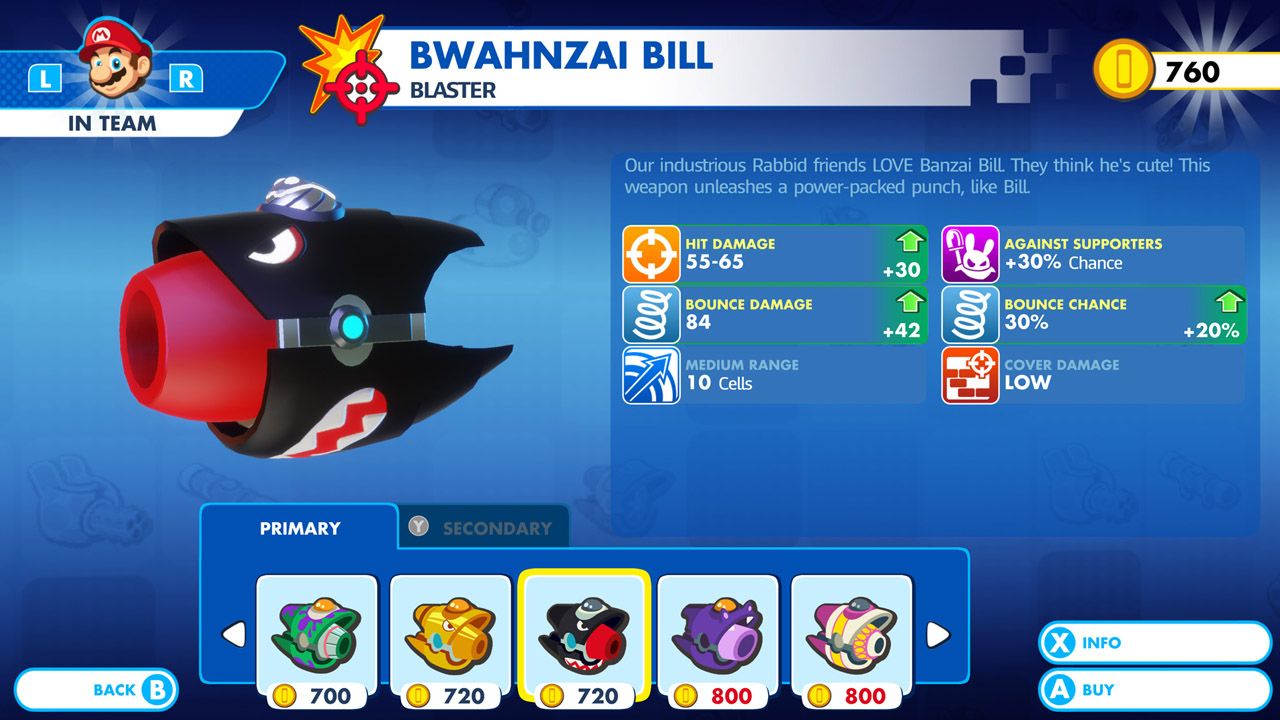 Weapon selection screen shows a blaster, character statistics and several choices.