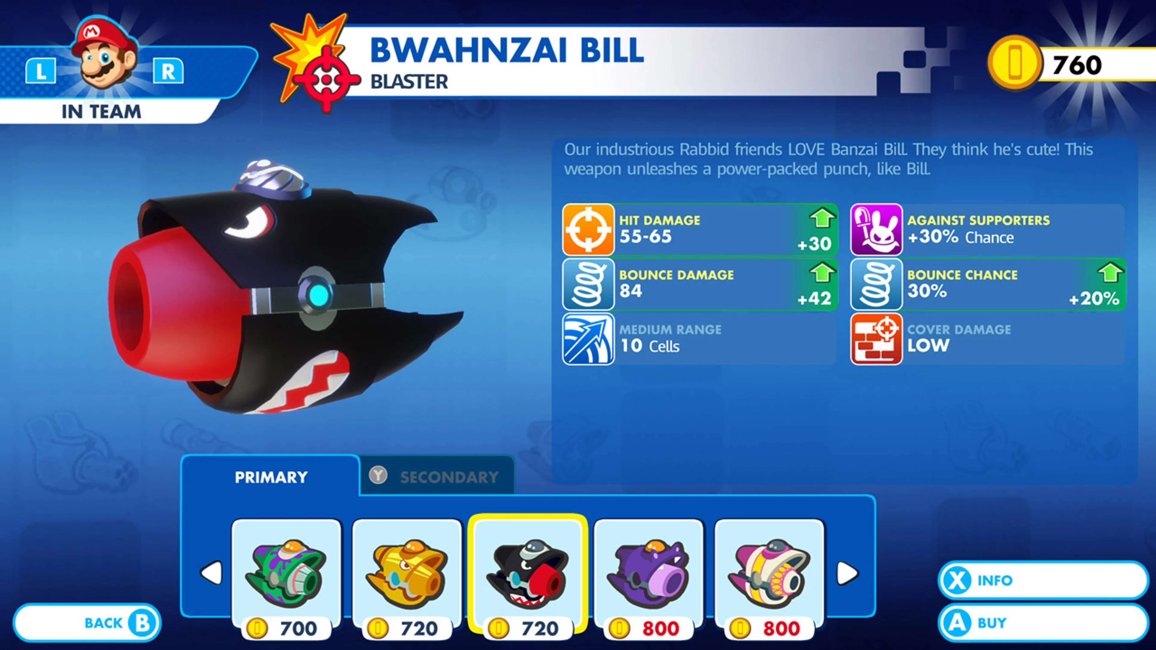 Mario weapon screen shows Bwahanzai Bill, a 720-coin price, 760 coins available, hit damage, range and A Buy prompt.
