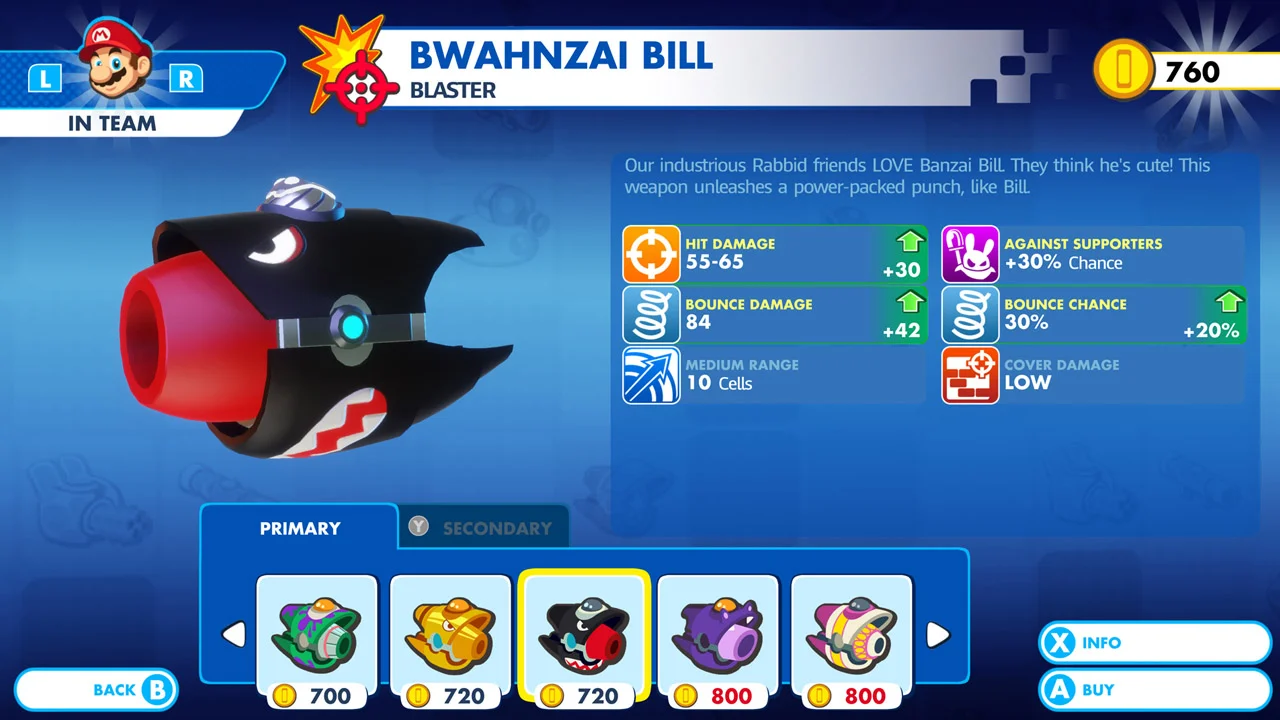 Mario weapon screen shows Bwahanzai Bill, a 720-coin price, 760 coins available, hit damage, range and A Buy prompt.