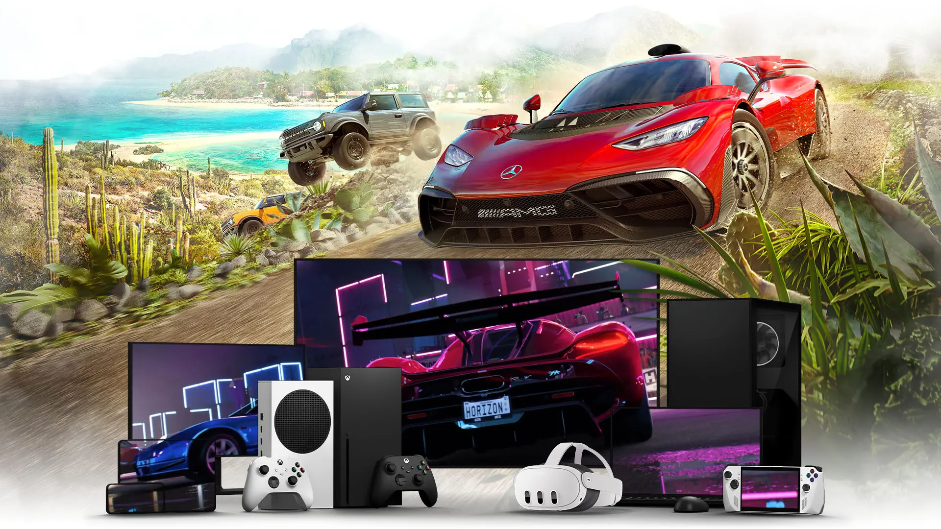 Forza Horizon 5 appears across Xbox consoles, screens, phones and handheld gaming devices.
