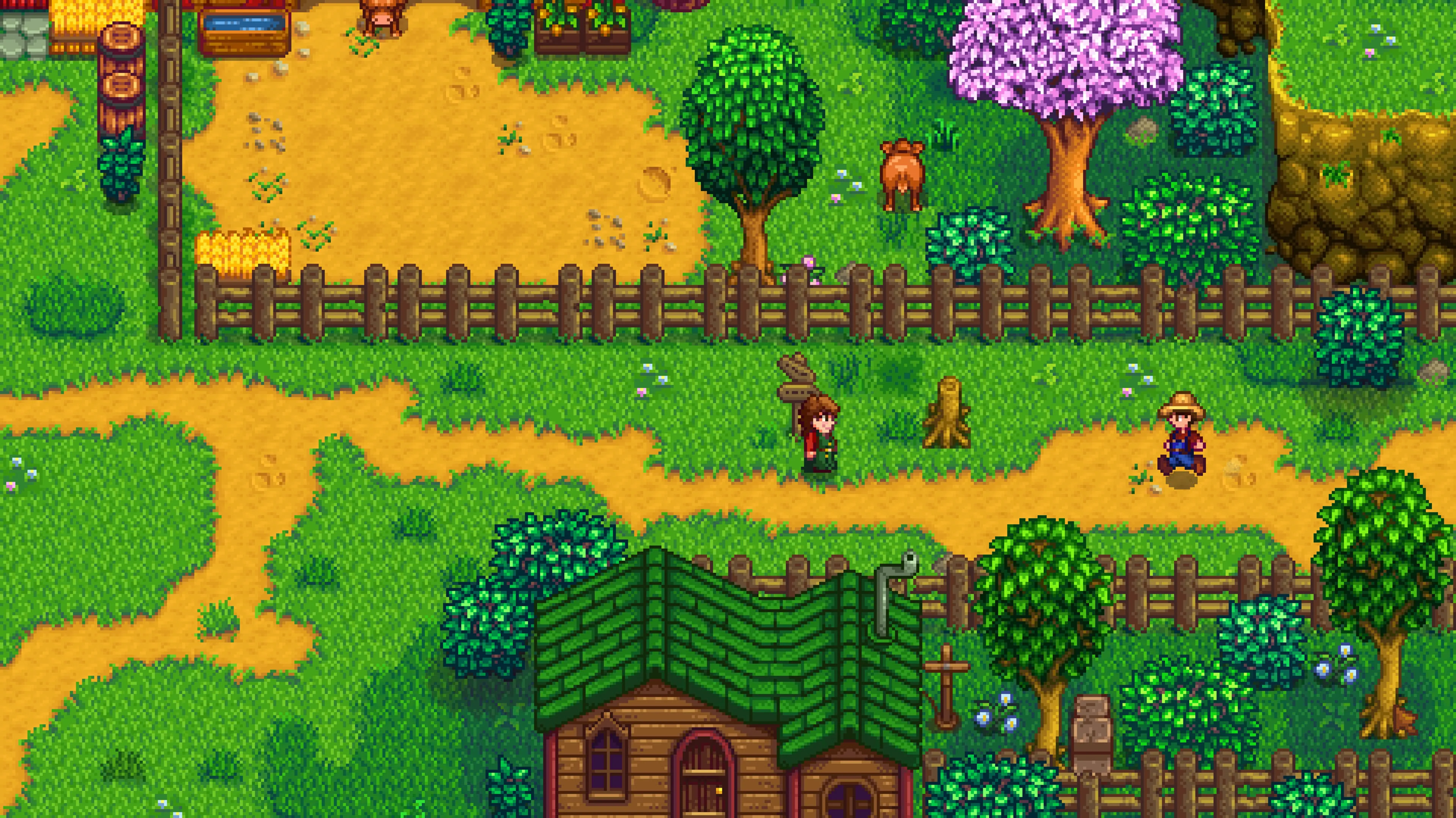 A farmer passing villagers near the ranch in Stardew Valley.