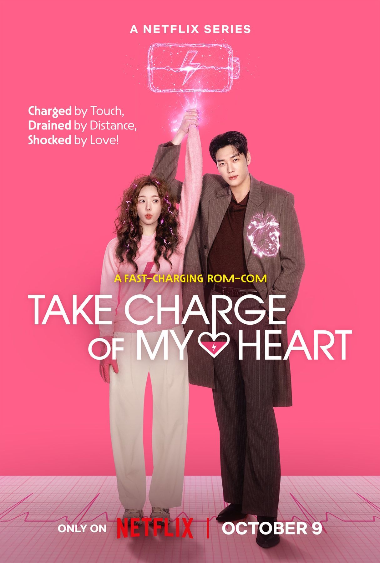 Official Take Charge of My Heart poster with Baek Ho-rang and Na Bo-bae holding hands beneath a charging-heart graphic.
