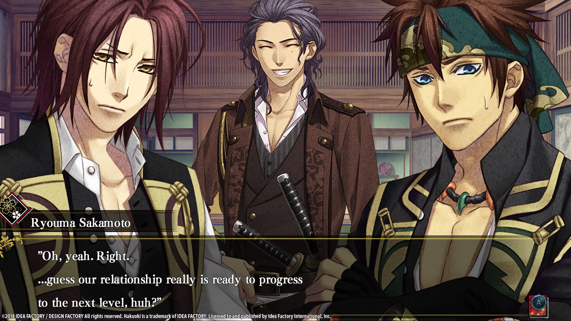 Three characters share a smiling conversation in Hakuoki: Edo Blossoms.