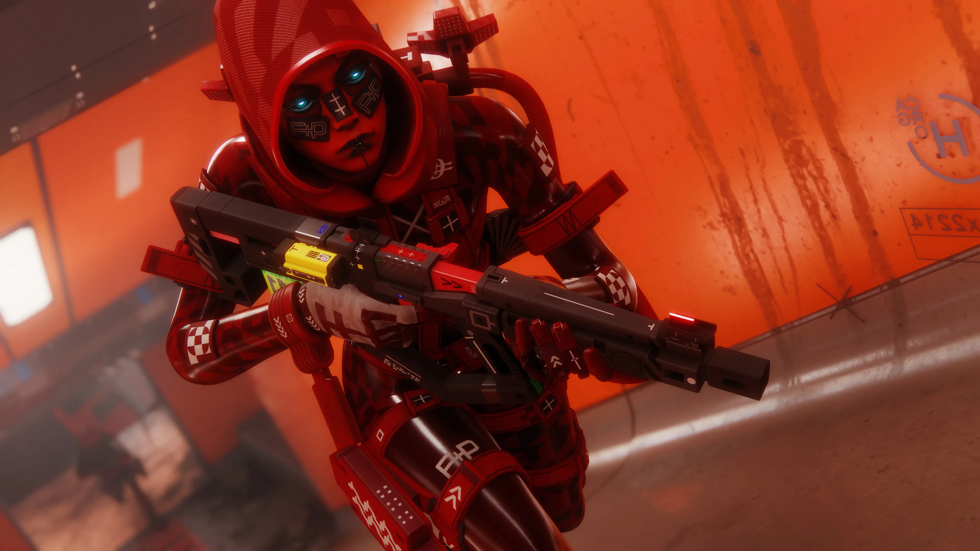 A red-hooded Marathon Runner holds a rifle against an orange background.