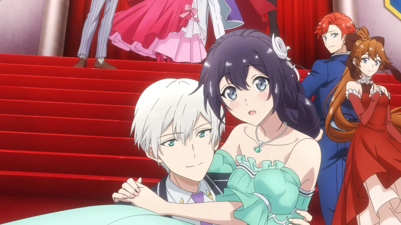 Pia and Rufus sit together on a red staircase with the Yowaki MAX cast behind them.