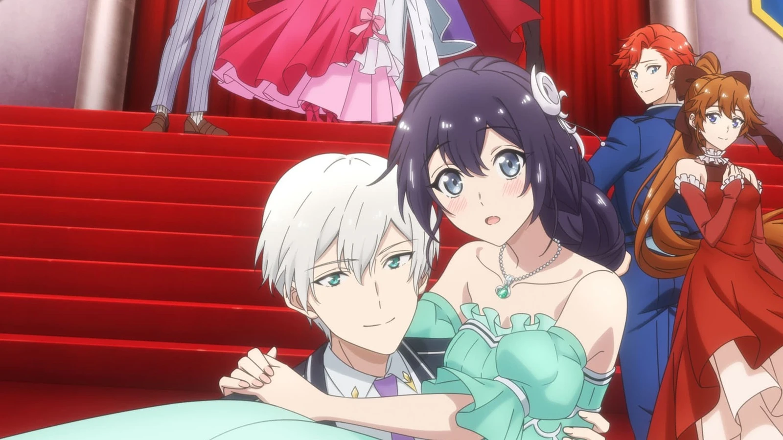 Pia and Rufus sit together on a red staircase with the Yowaki MAX cast behind them.