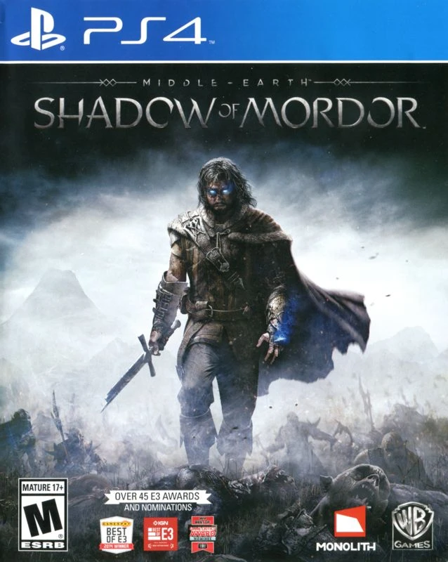 Official North American Middle-earth: Shadow of Mordor PlayStation 4 cover featuring Talion with the native title and ESRB M mark.