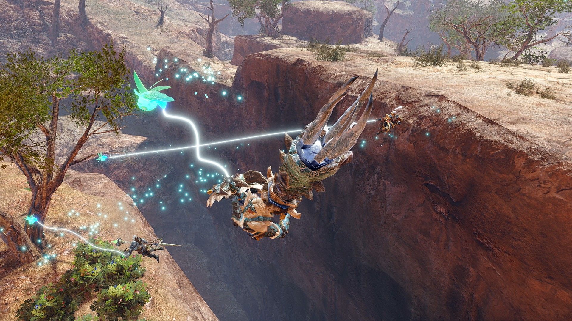 A hunter uses a glowing Wirebug trail to cross a wide gap.