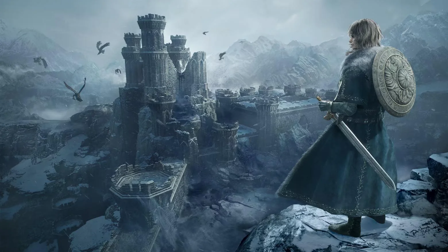 Eir stands above the snowy fortress and mountains of Norgan in Dragon's Dogma 2: Dark Arisen.