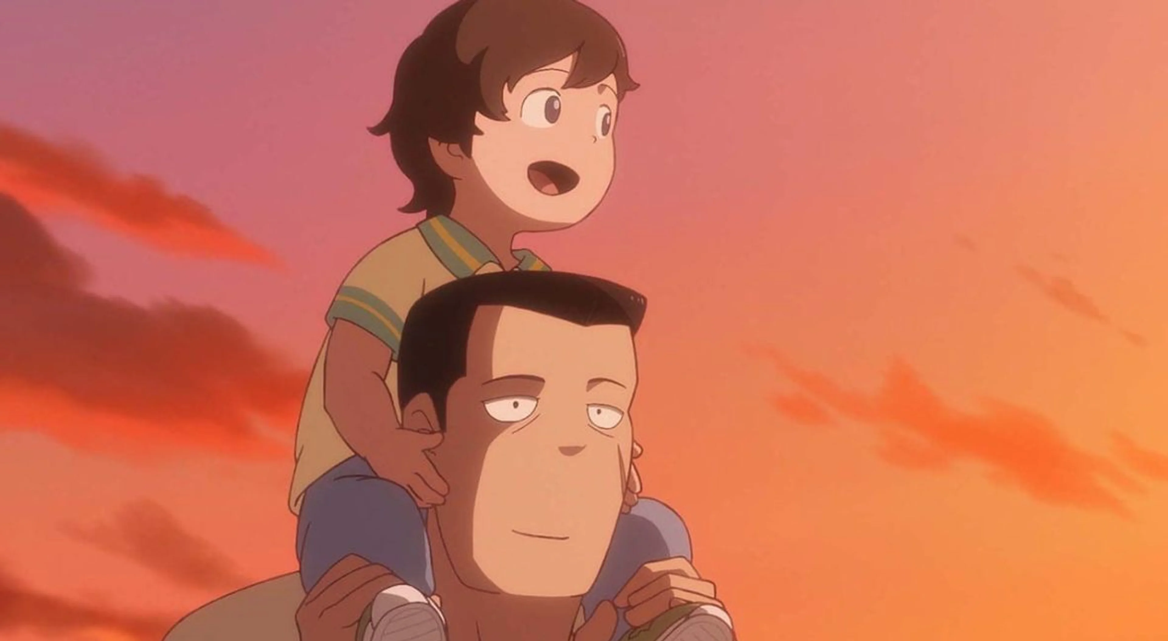 Kensuke smiles while sitting on Akutsu’s shoulders under an orange sky.