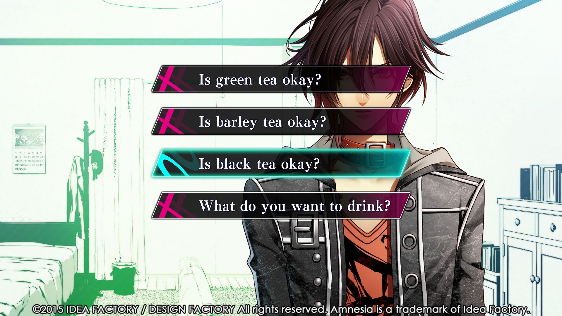 A conversation with Shin offers four drink choices in Amnesia: Memories.