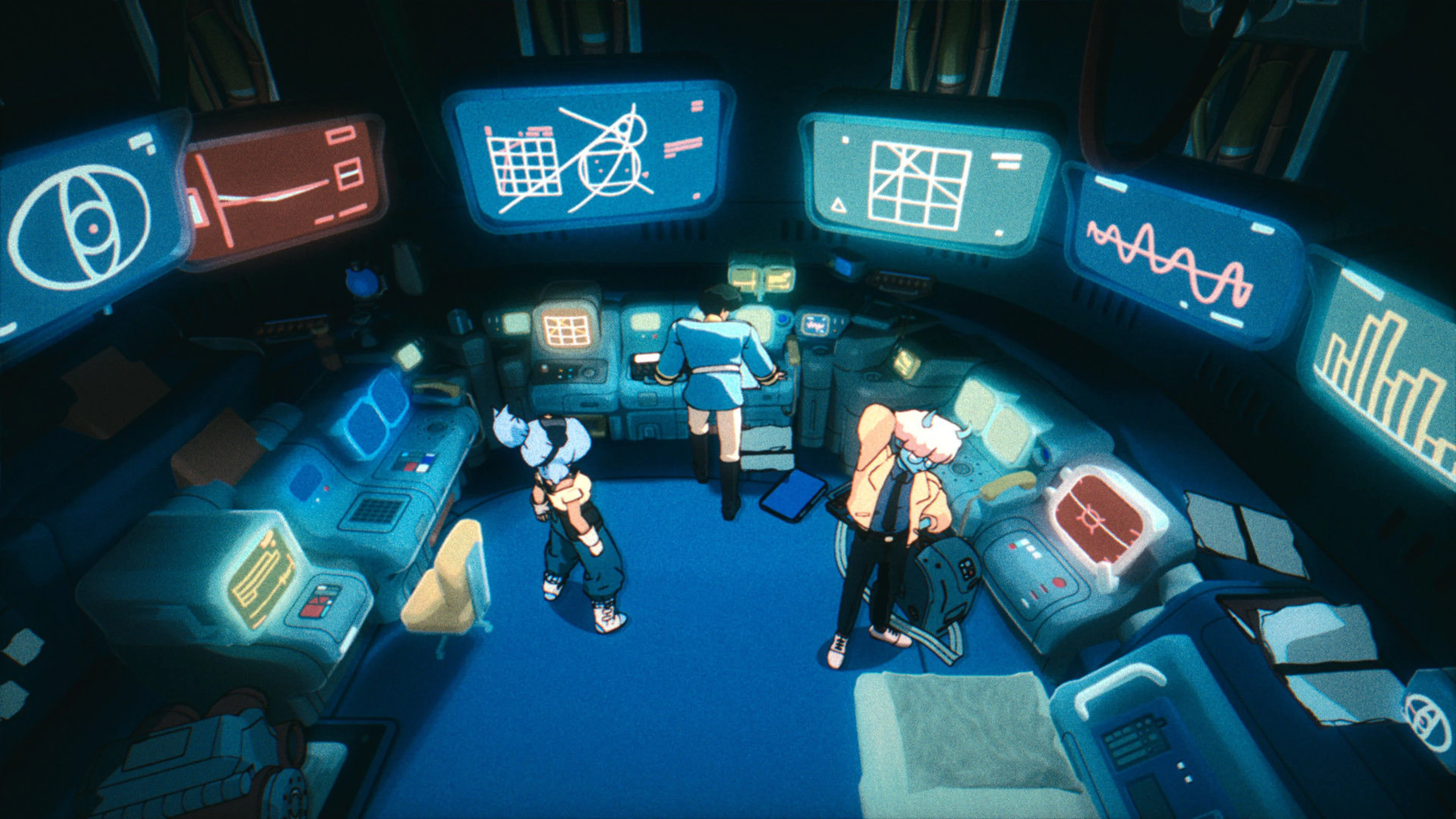 Maki and Omura work at separate control stations inside an Orbitals spacecraft.