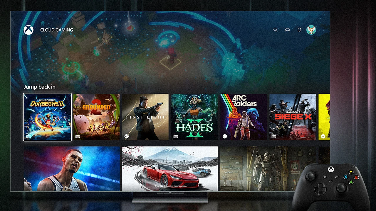 The Xbox Cloud Gaming app appears on a TCL Smart TV beside an Xbox controller.