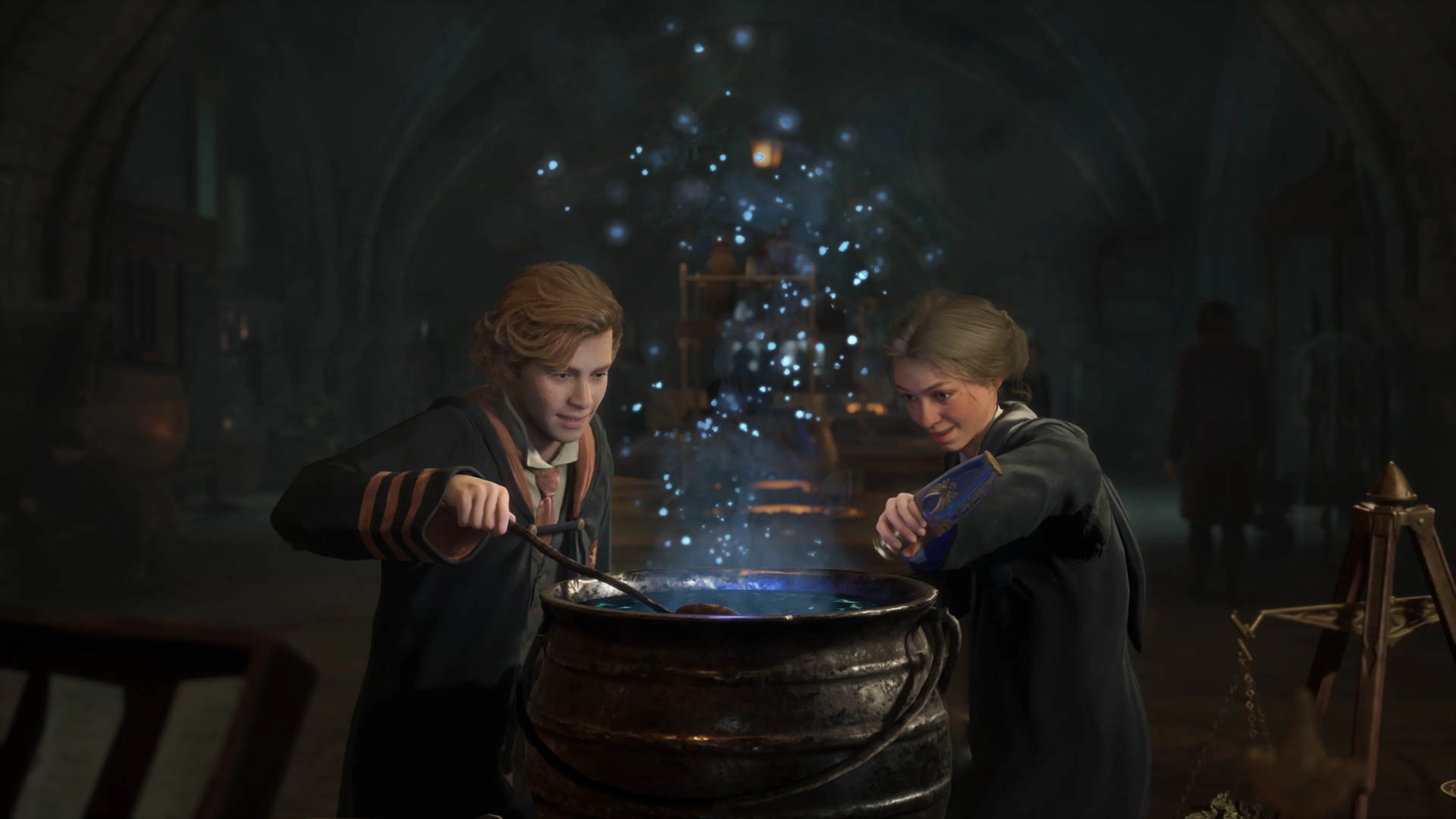 Two Hogwarts students brew a glowing potion together in an official screenshot from the original Hogwarts Legacy.